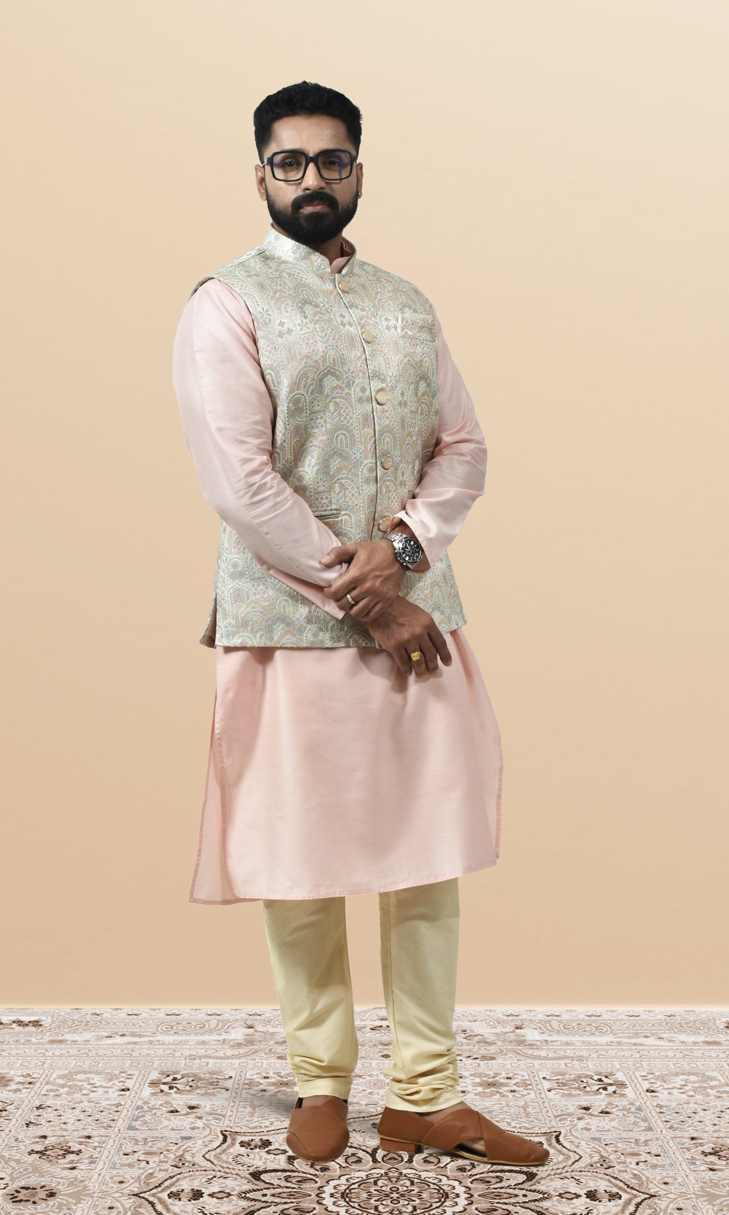 Blush-Tinted Ivory Jacket with Paisley Sequin Embroidery and Delicate Pastel Accents