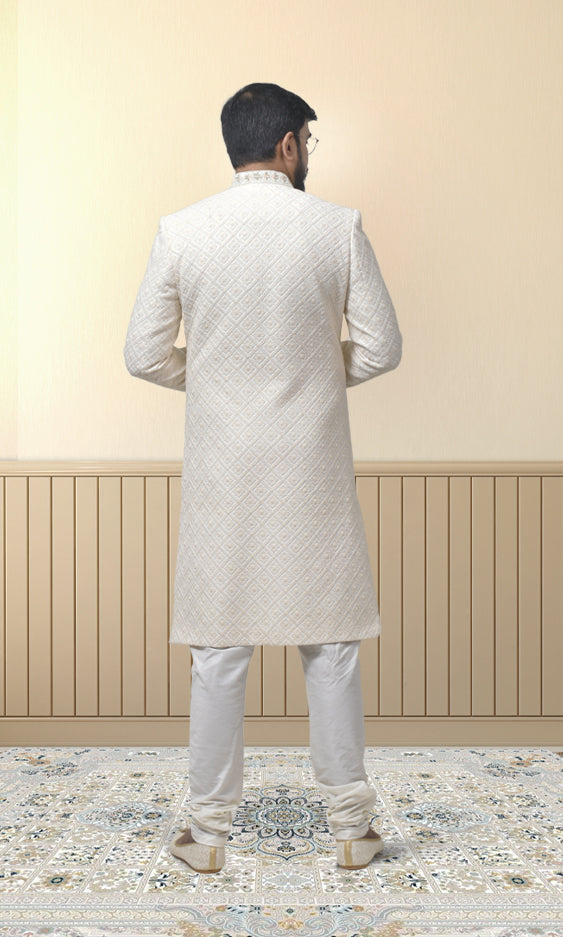 Ivory Diamond-Textured Sherwani with Embellished Buttons & Regal Pearl Accents