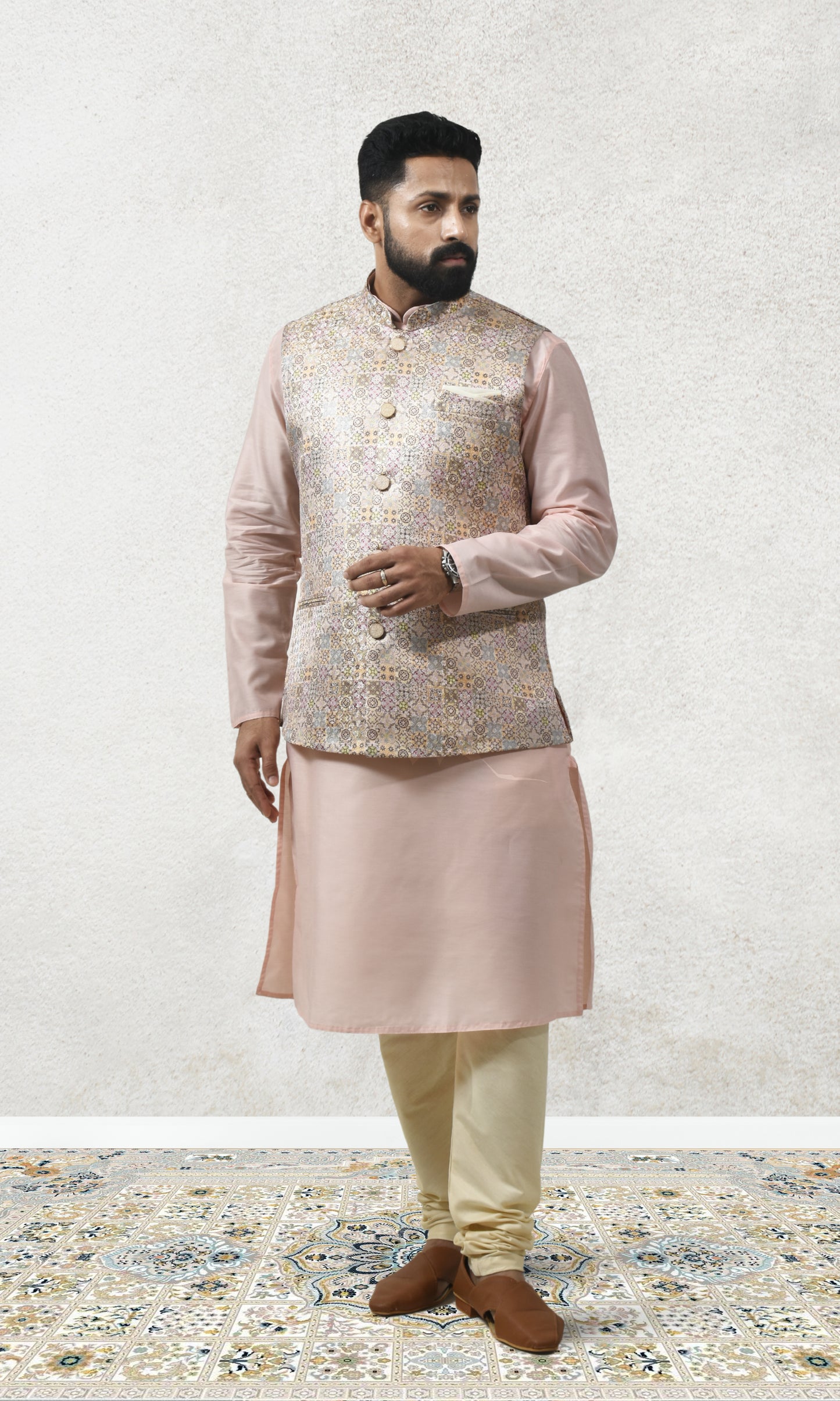 Prismatic Blush Gold Jacket with Enchanted Mosaic Sparkle & Iridescent Hues