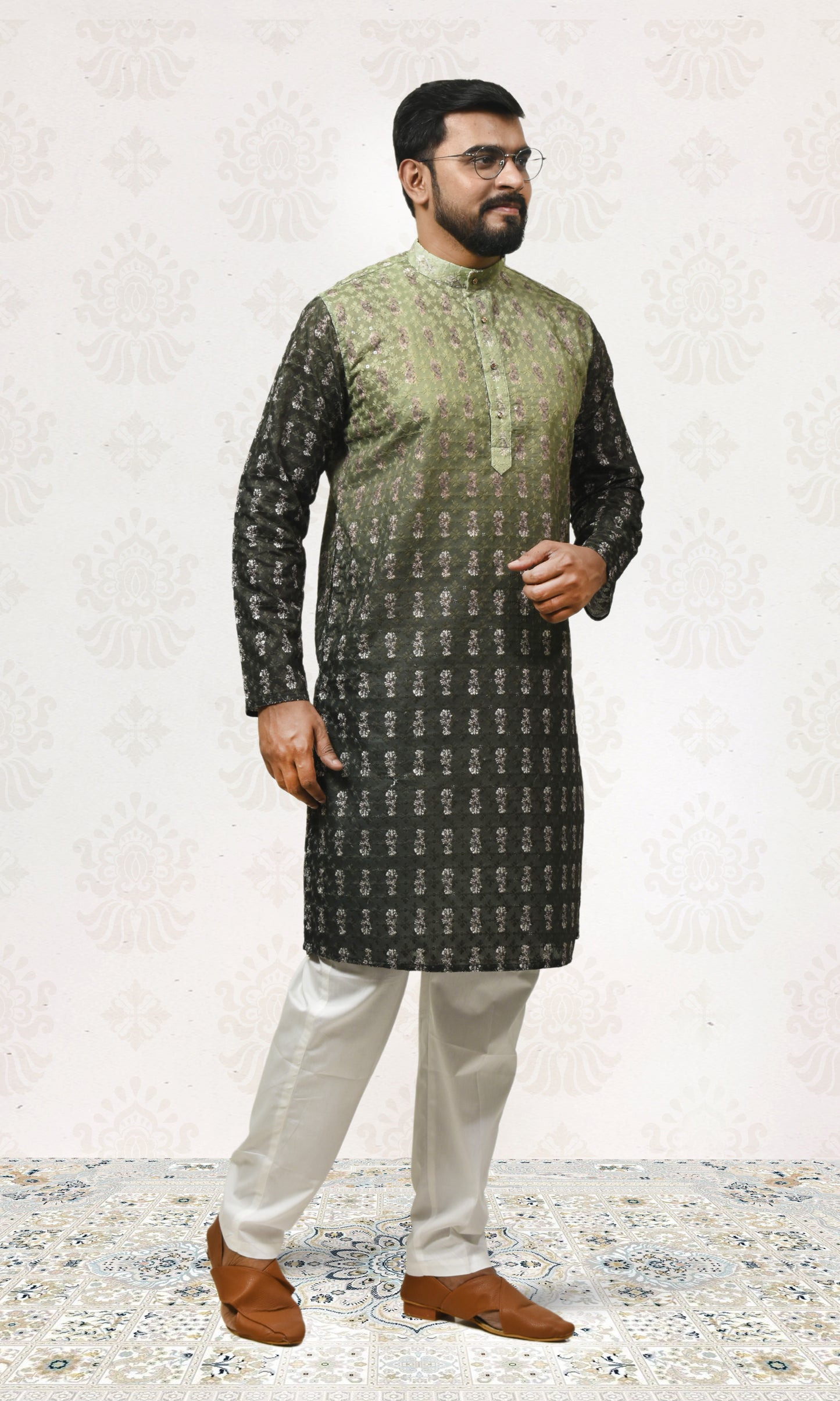 Obsidian-to-Olive Shadowleaf Ombre Kurta with Regal Threadwork And Butta Embellishments