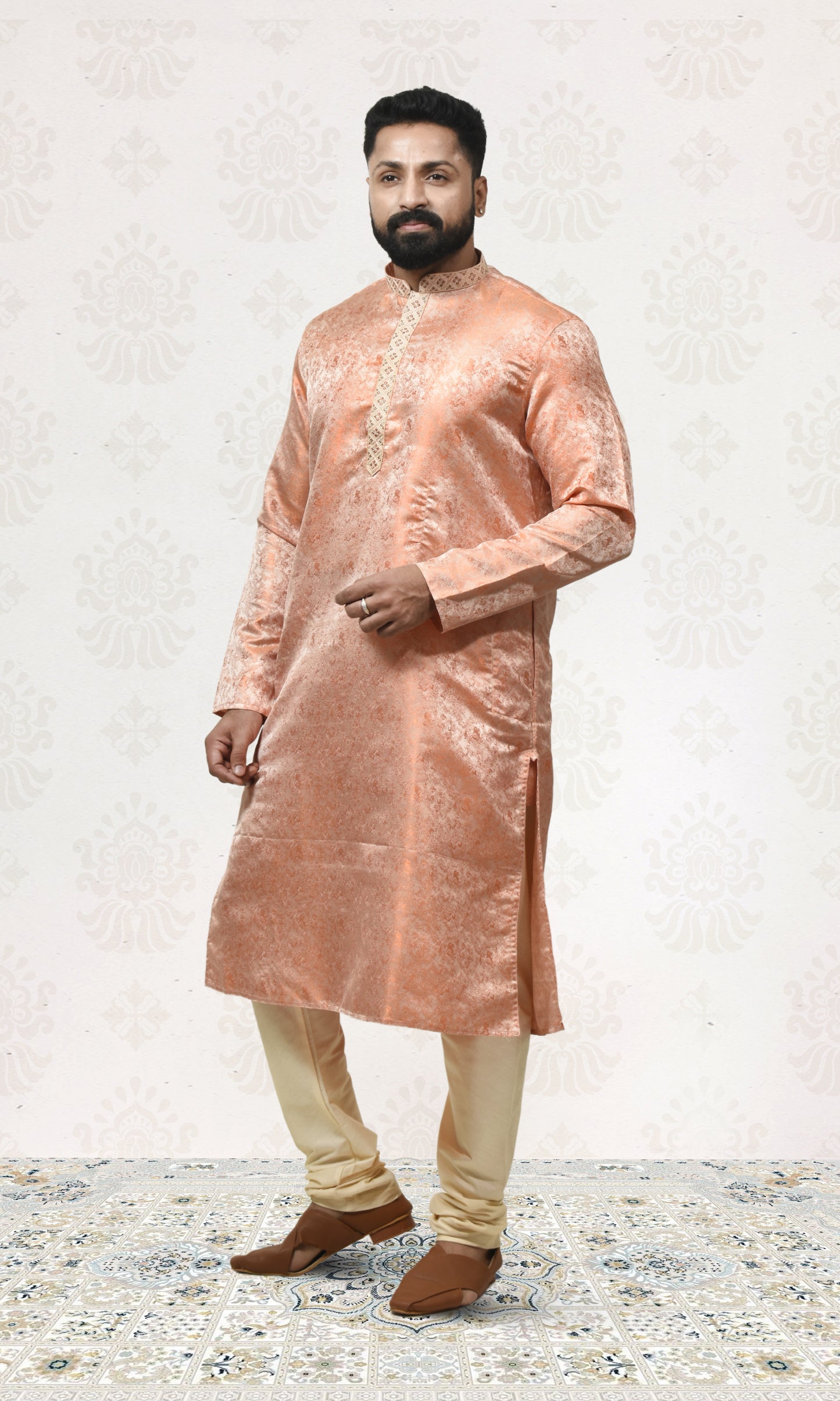 Silken Blush Orange Kurta with Royal Embossed Detailing