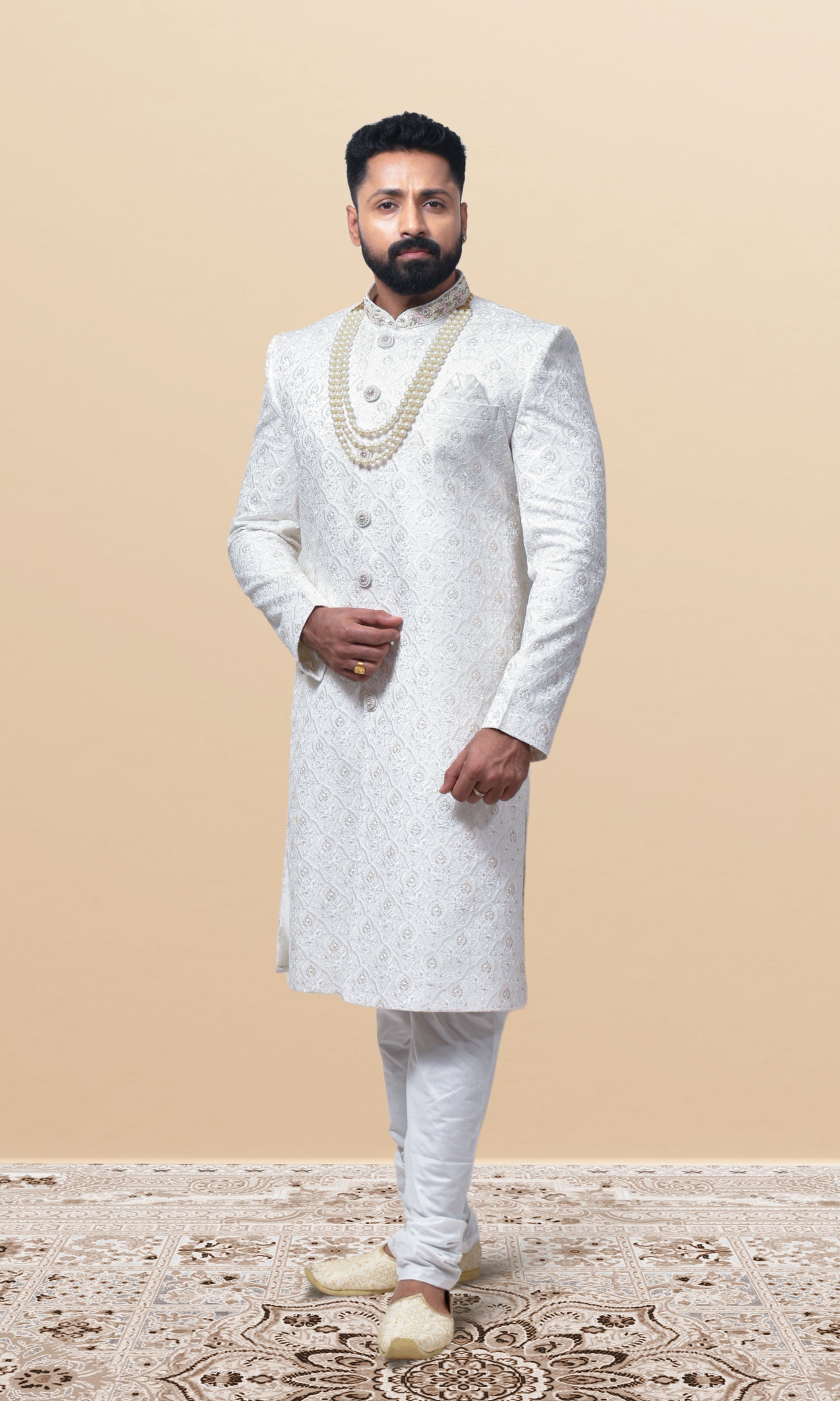 Celestial Ivory Tapestry Sherwani with Lustrous Pearl Encrustations & Ornate Filigree Collar