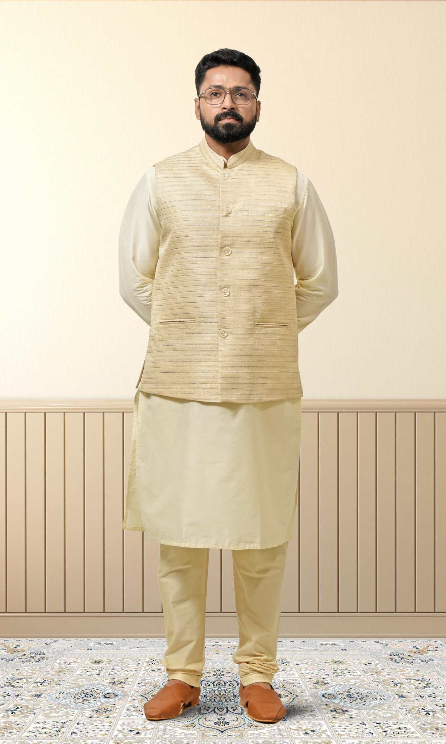 Regal Linen Gold Jacket with Contemporary Linear Patterns