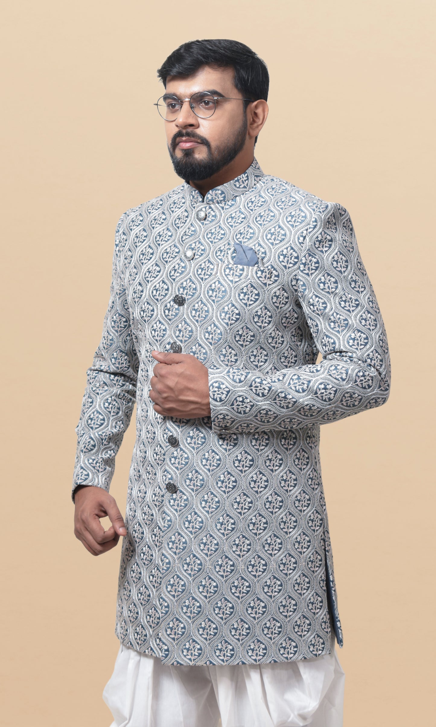 Silver Mirage Indo-Western with Ornate Lattice Embroidery