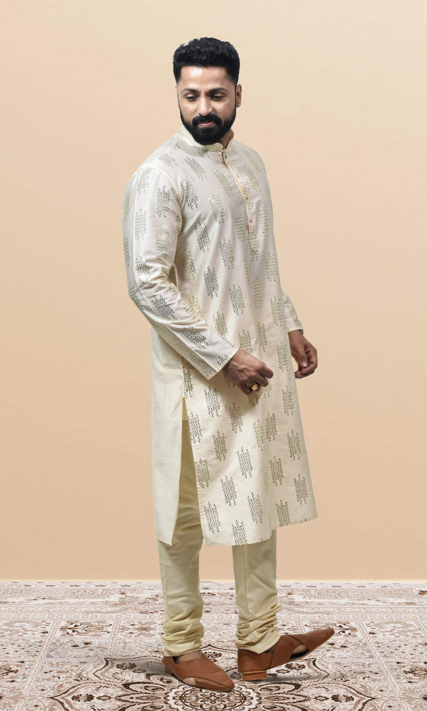 Ivory Butterscotch Cream Majesty Kurta with Shimmering Sequin Embellishments