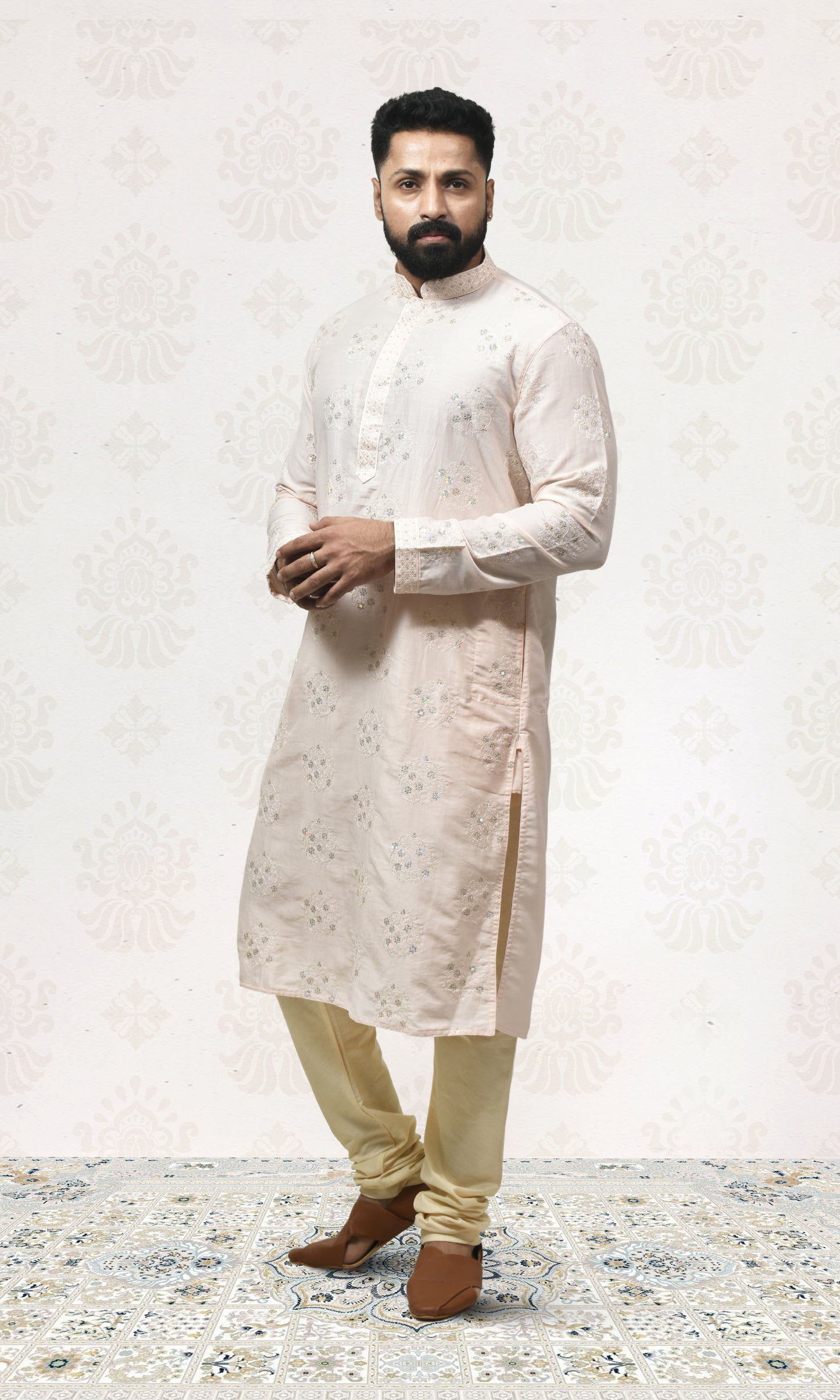 Powder Pink Blush Kurta with Delicate Crystal & Floral Embroidery