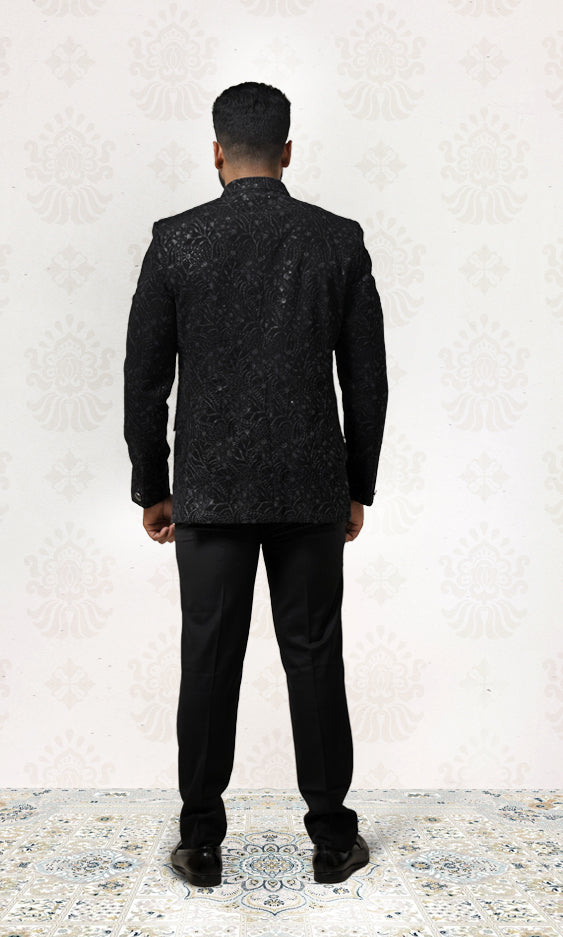 Midnight Black Luxe Floral Bandhgala with Shimmering Sequin Accents