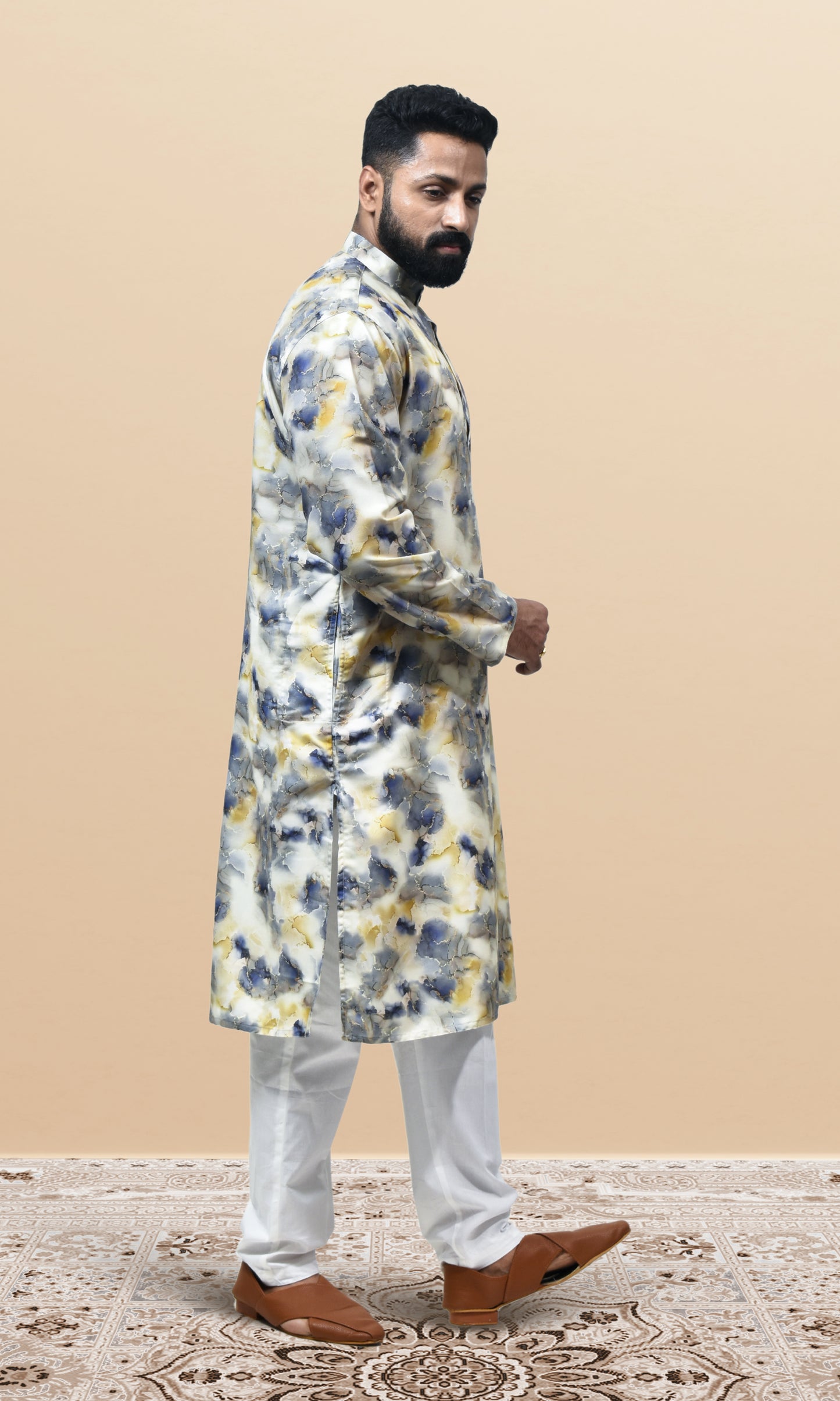 Celestial Ivory & Blue Marbled Kurta with Royal Gold Veins