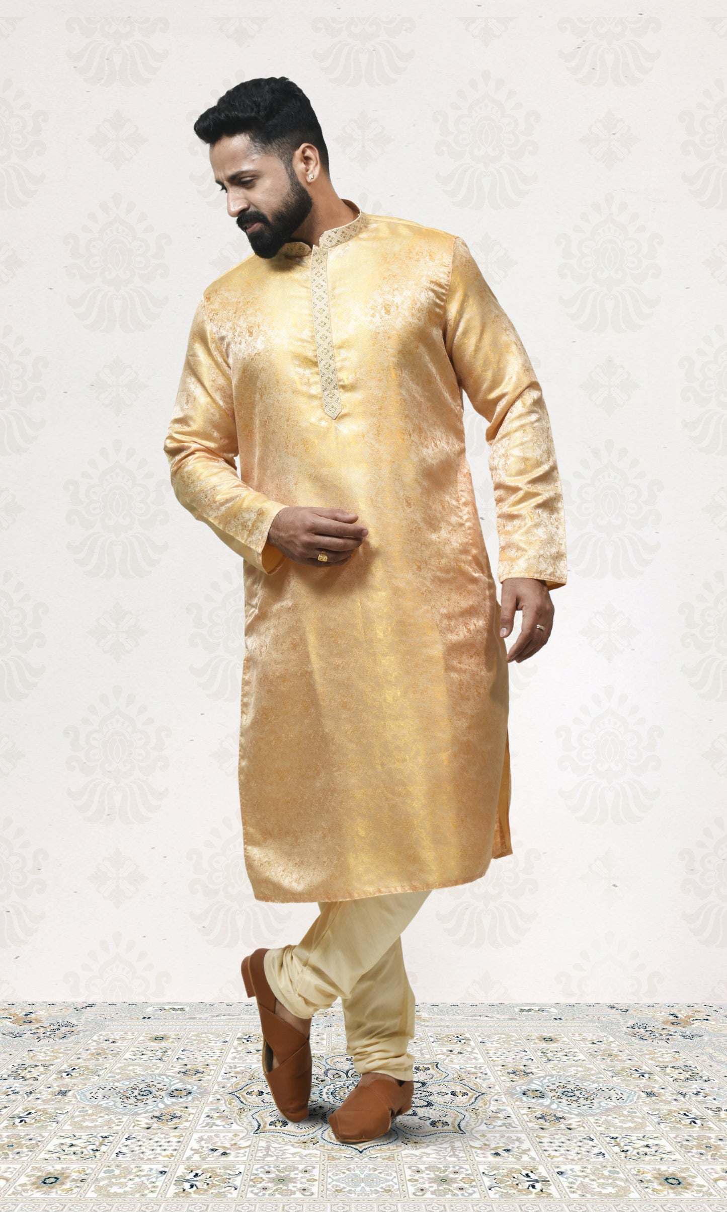 Silken Blush Yellow Ochre Kurta with Royal Embossed Detailing