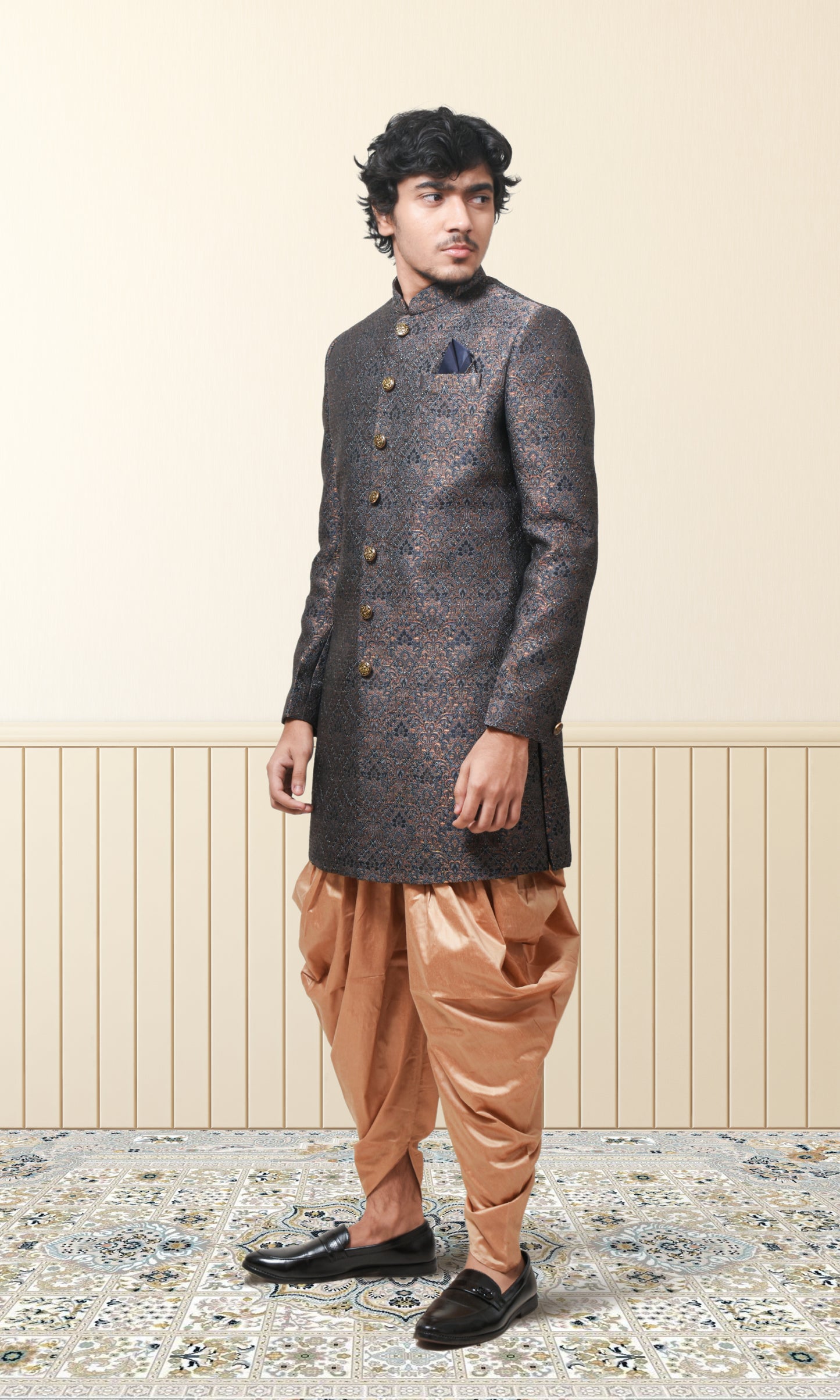 Dusky Sapphire & Charcoal Eclipse Majesty Indo-Western with Burnished Brocade Elegance