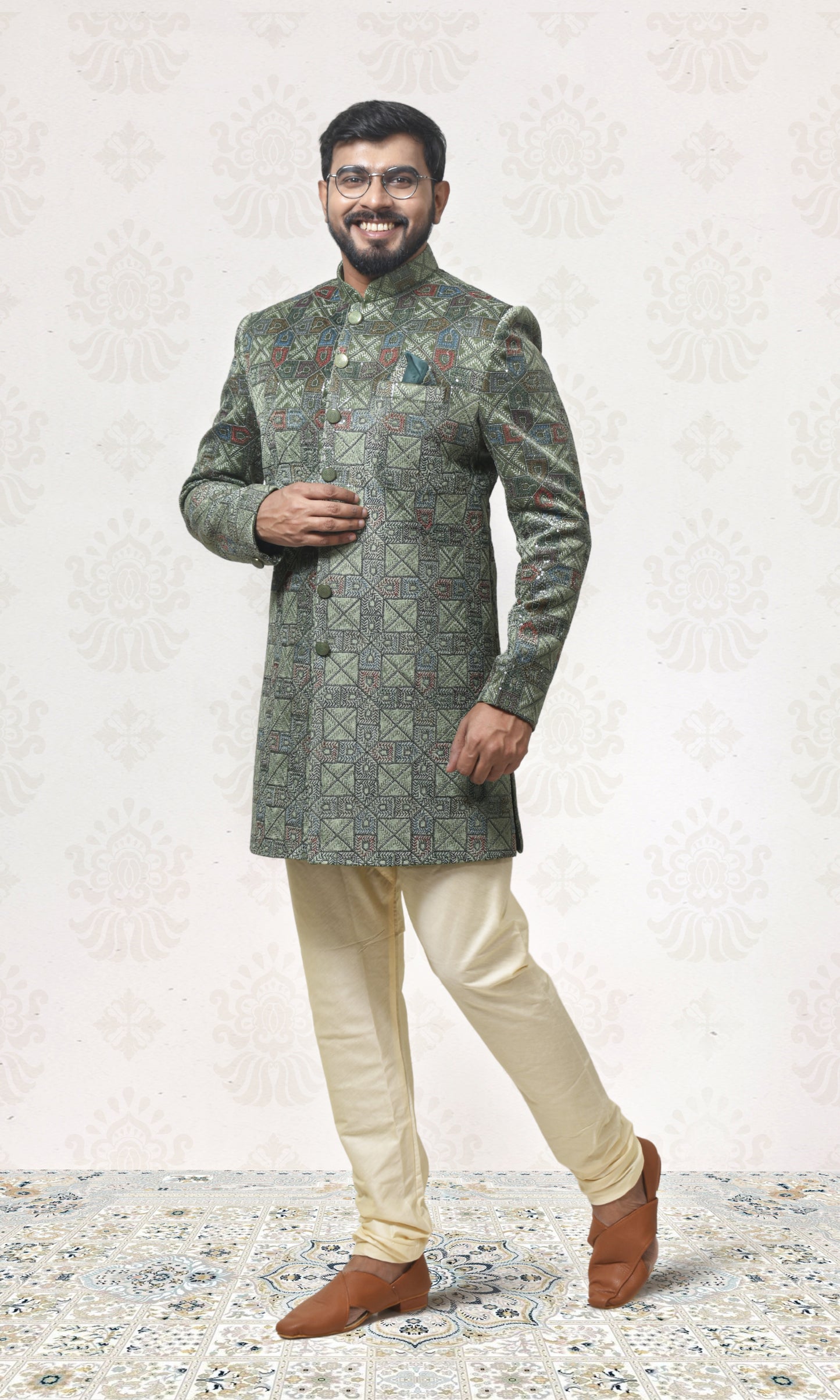 Emerald Green Enigma Indo-Western with Geometric Foliage Embroidery