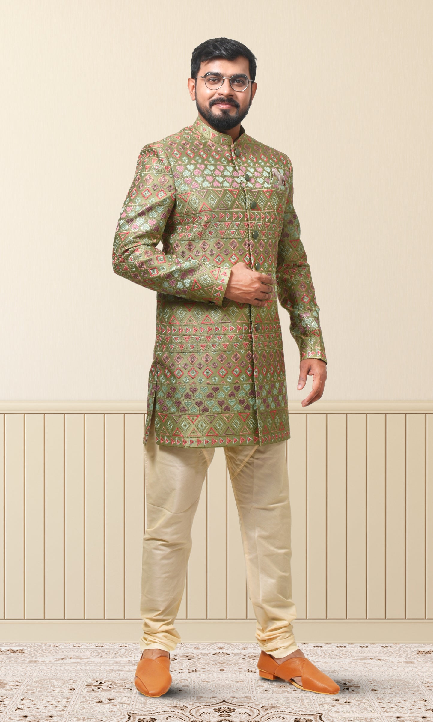 Emerald Multicoloured Majesty Indo-Western with Intricate Thread Symphony