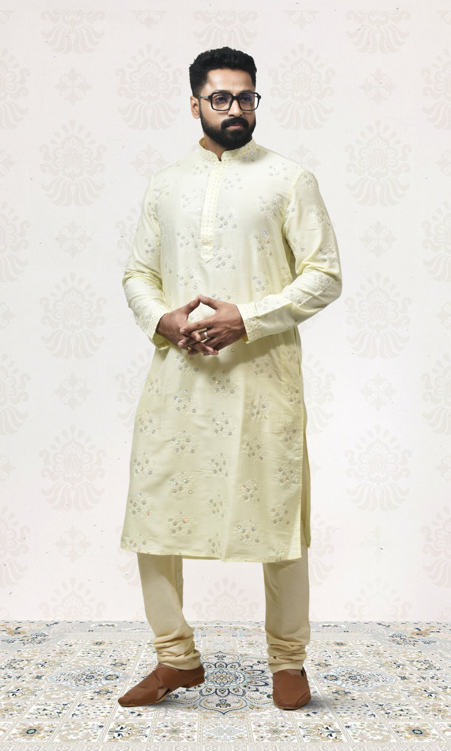 Golden Buttercream Kurta with Delicate Crystal & Floral Embroidery