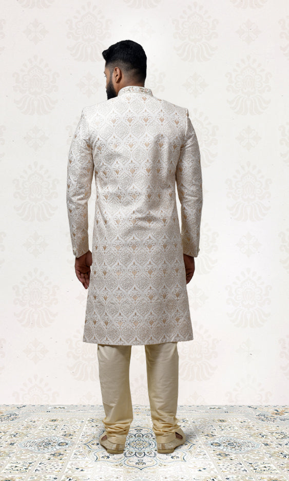Antique Gold Sherwani with Intricate Embroidery, Jewel Buttons & Embellished Neckline