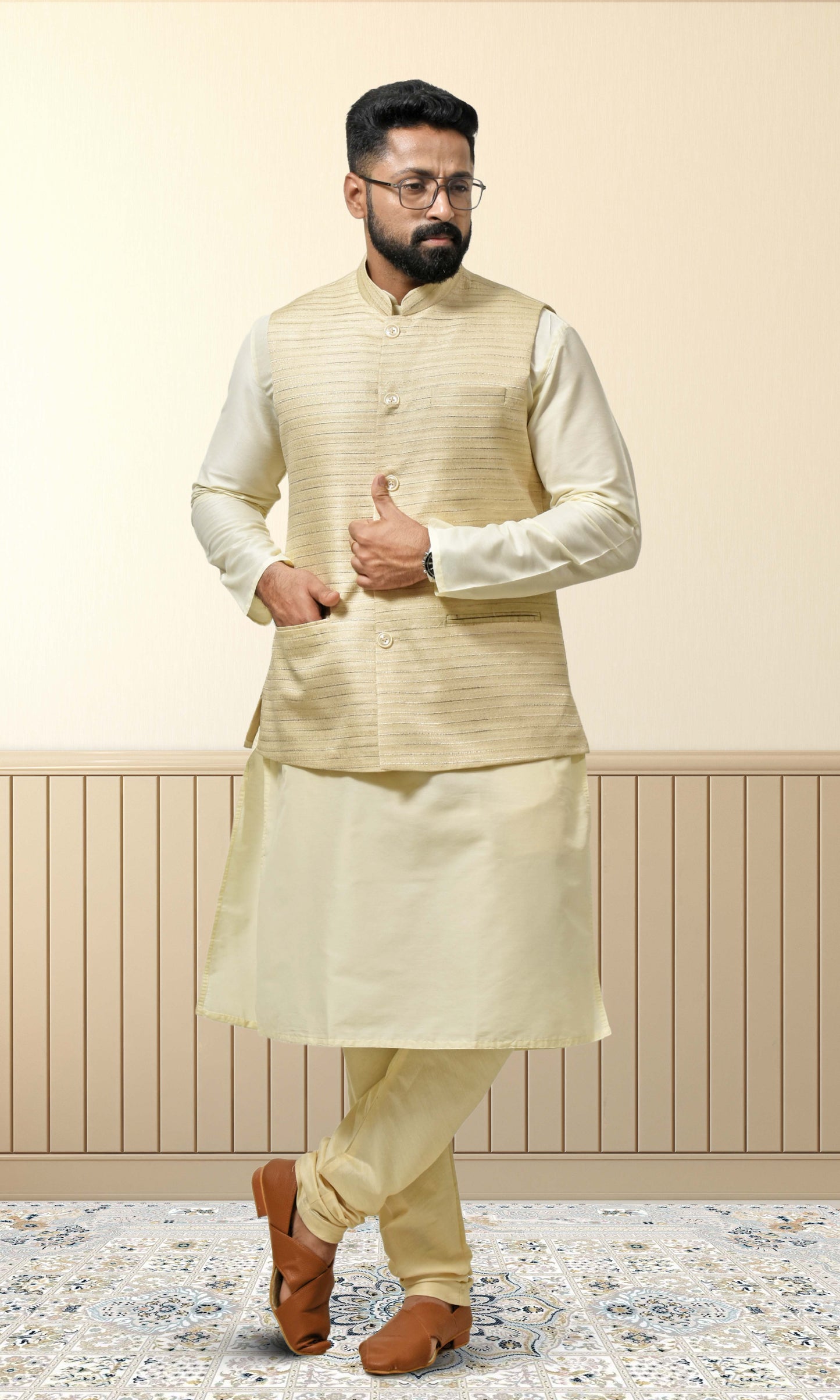Regal Linen Gold Jacket with Contemporary Linear Patterns