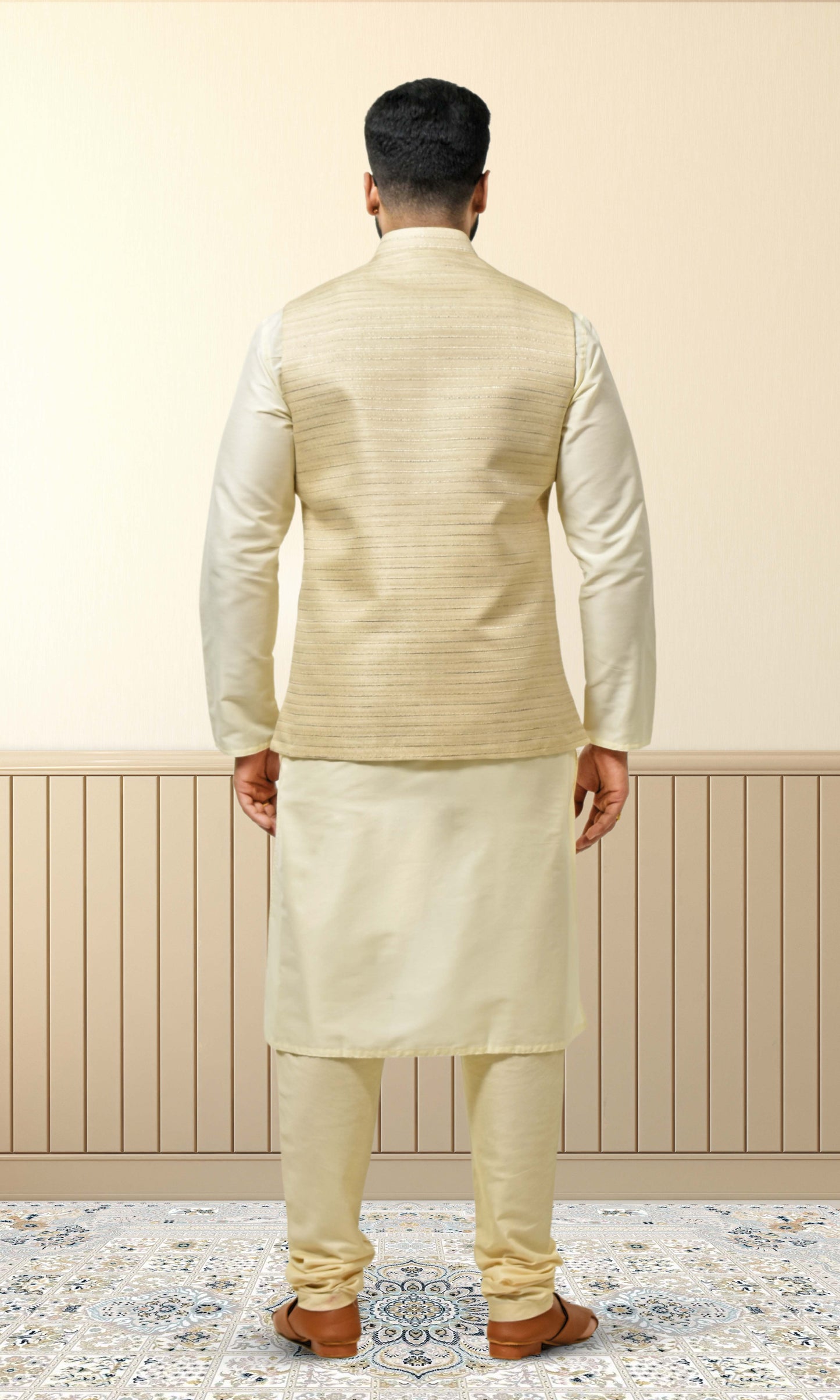 Regal Linen Gold Jacket with Contemporary Linear Patterns