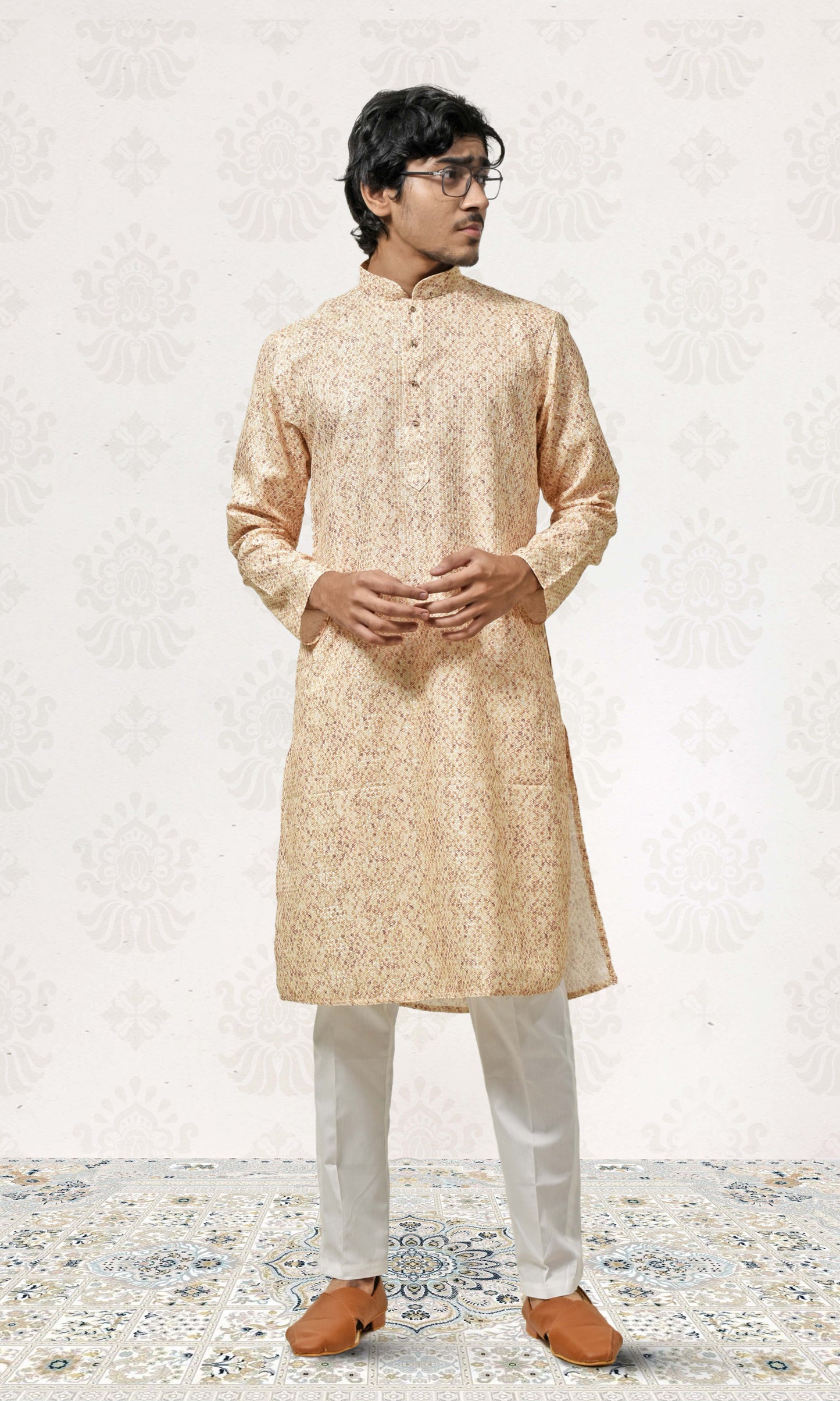 Earthy Ochre Kurta with Intricate Crosshatch Embroidery