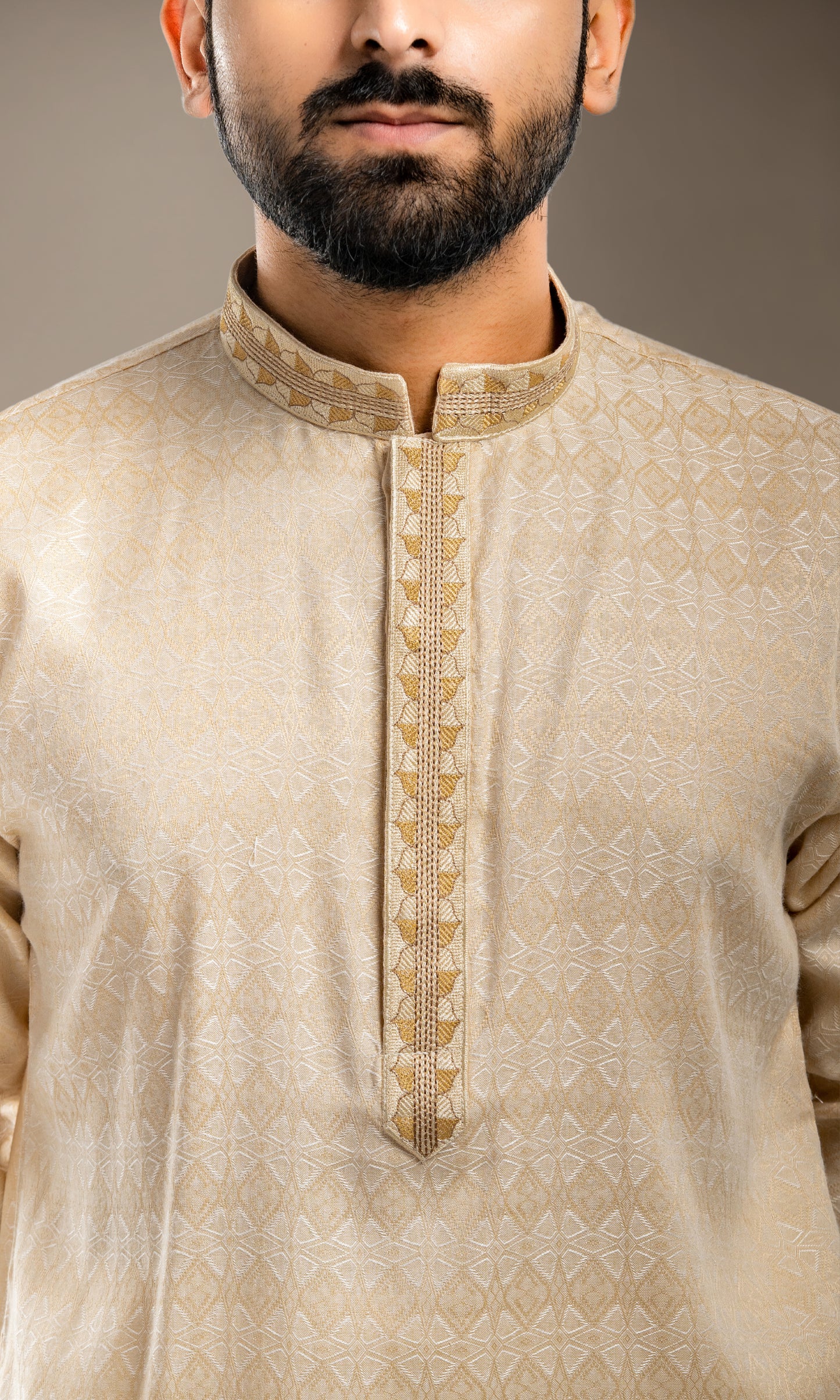 BISCUIT SELF WEAVED GEOMETRIC PATTERN KURTA