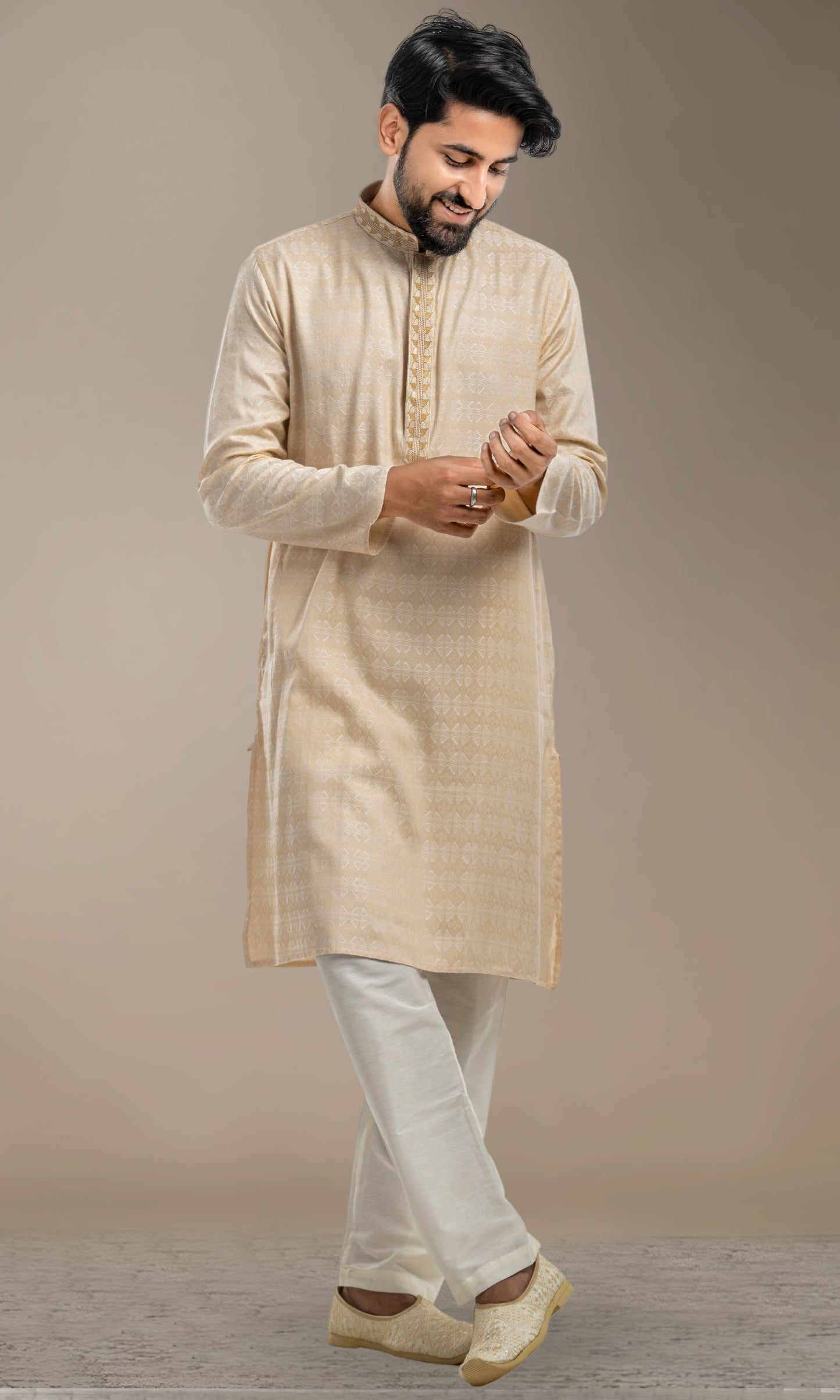 BISCUIT SELF WEAVED GEOMETRIC PATTERN KURTA