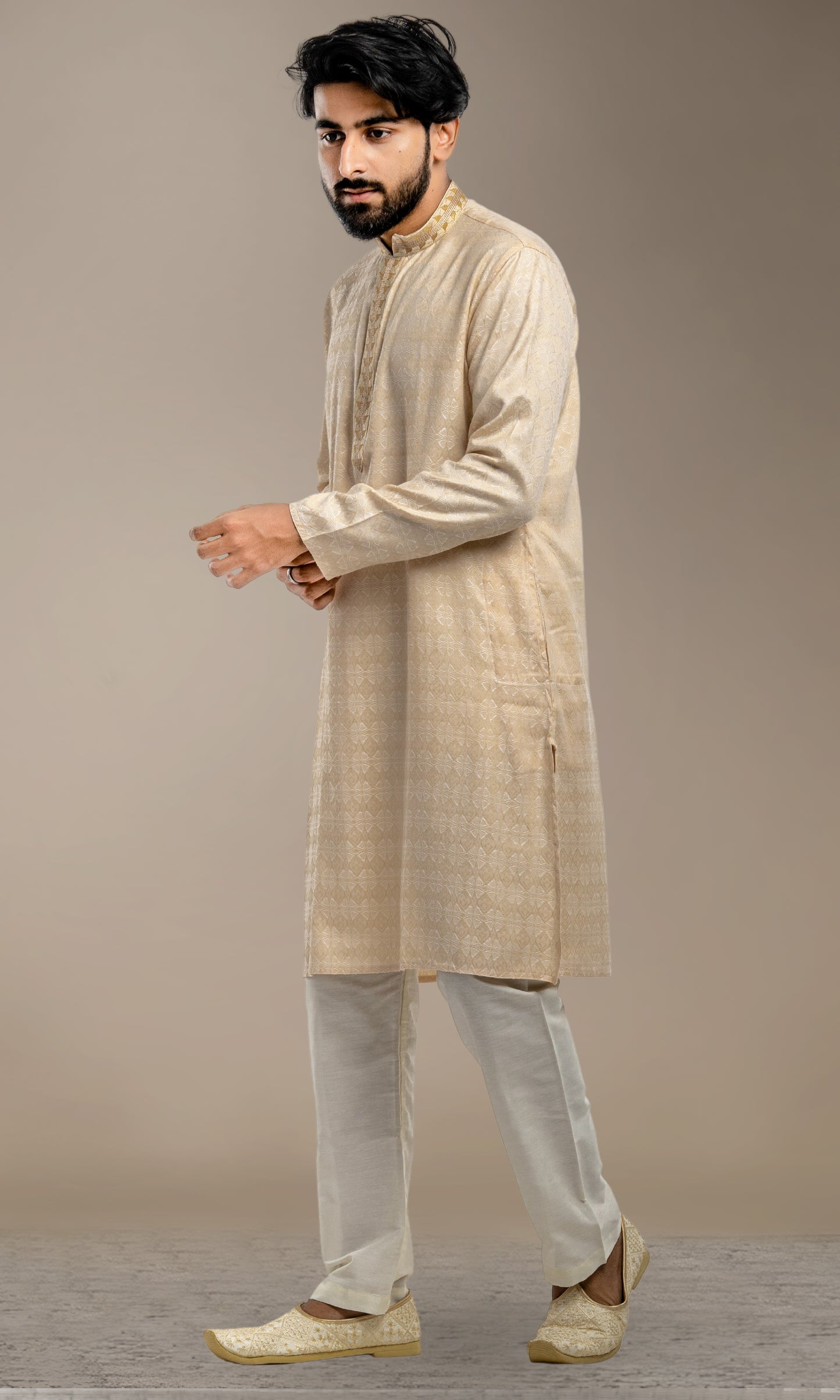 BISCUIT SELF WEAVED GEOMETRIC PATTERN KURTA