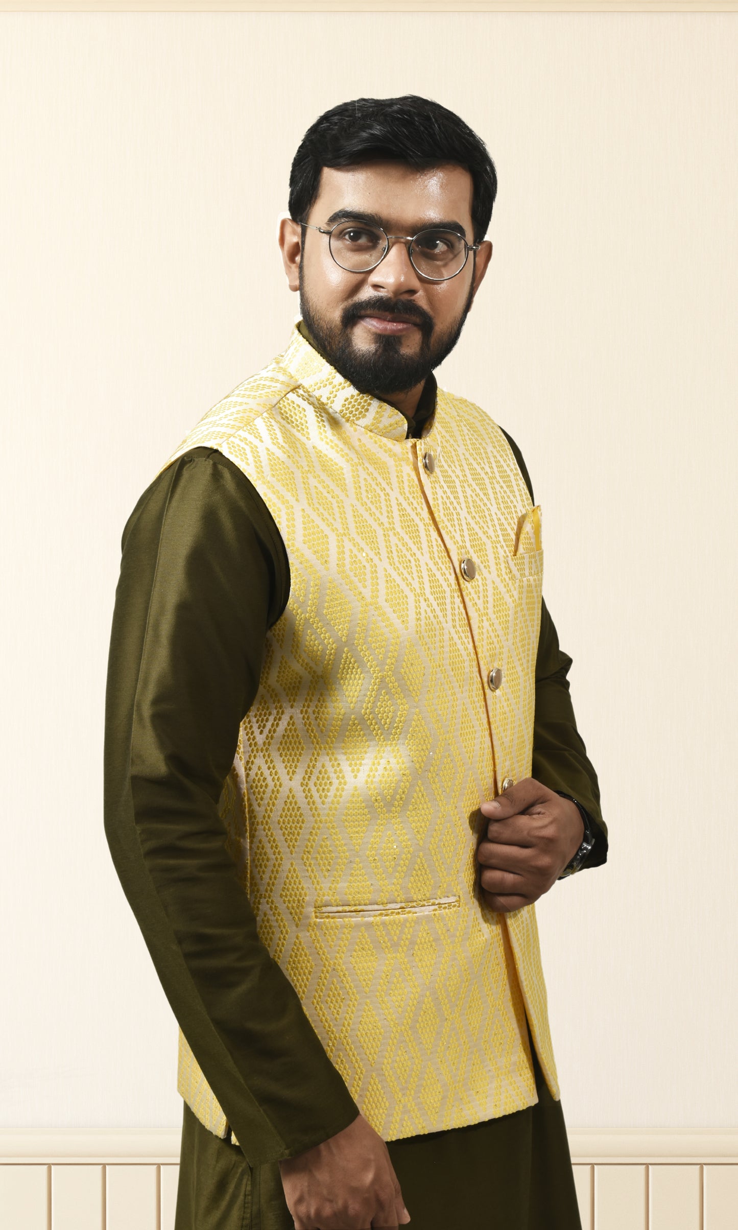 Sunlit Ivory Jacket with Golden Honeycomb Embroidery and sequin embellishments