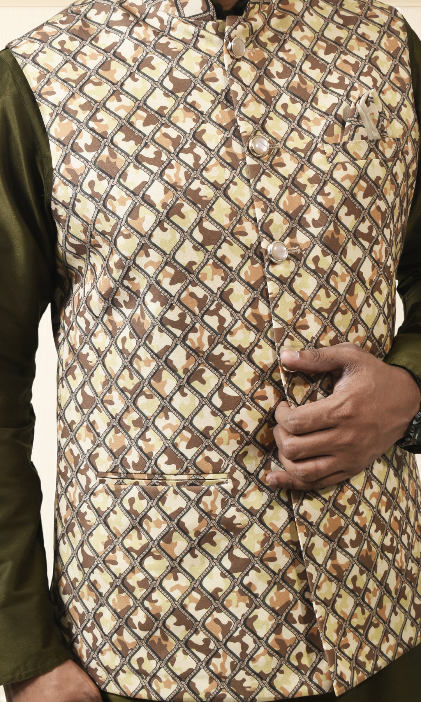 Earthy Camouflage Safari Jacket with Royal Grid Printed Jacket