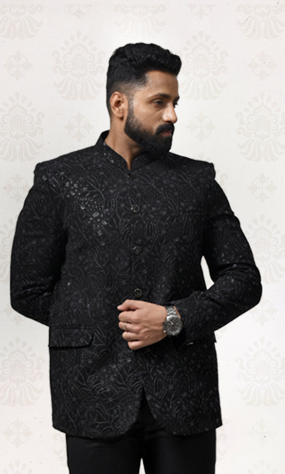 Midnight Black Luxe Floral Bandhgala with Shimmering Sequin Accents