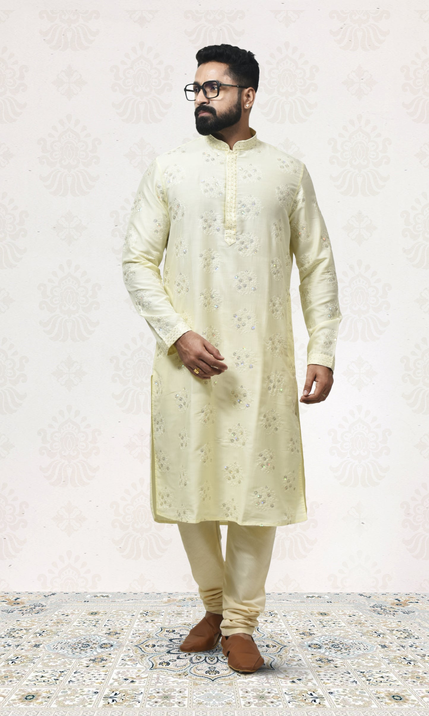 Golden Buttercream Kurta with Delicate Crystal & Floral Embroidery