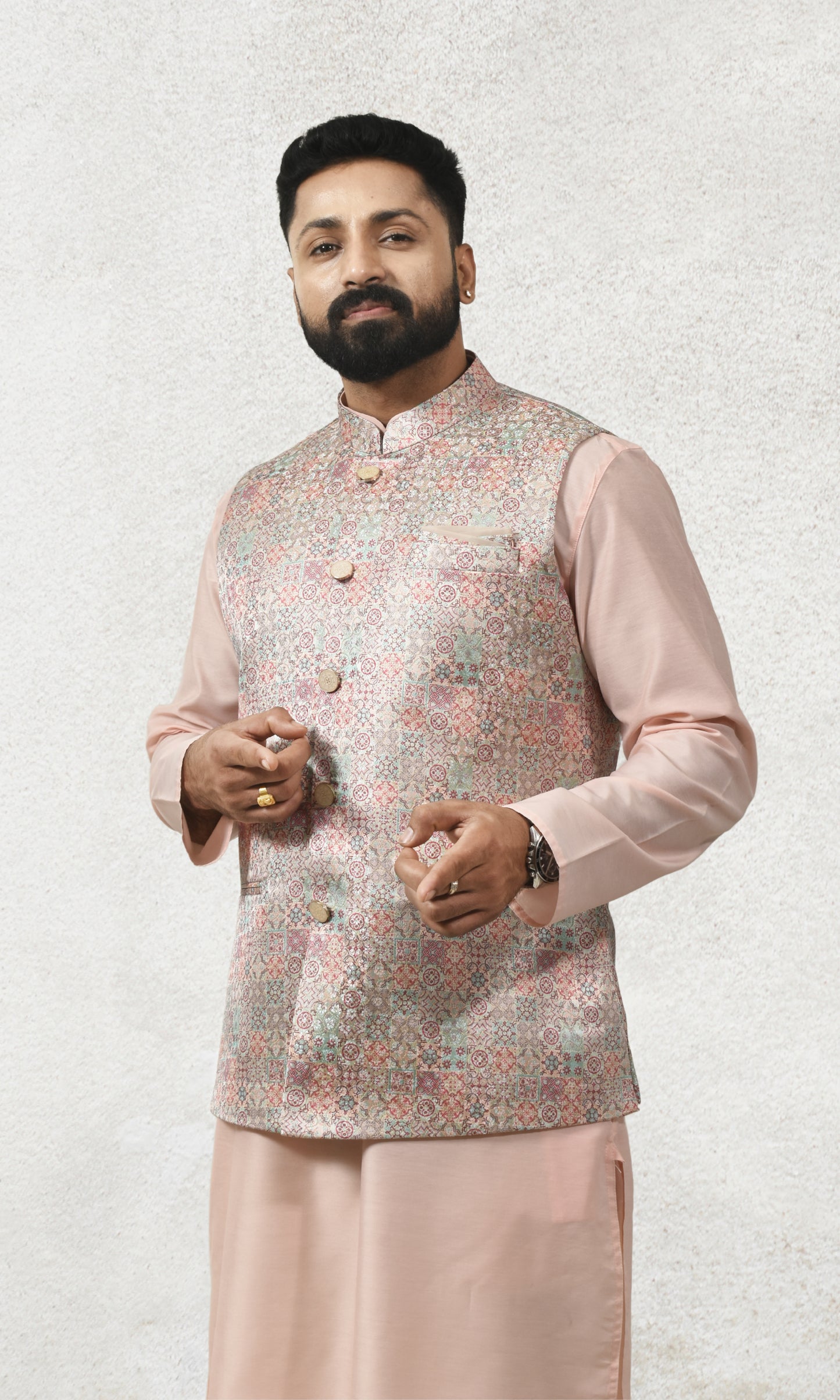 Multicoloured Pastel Medallion Weaved Jacket with Enchanted Brocade