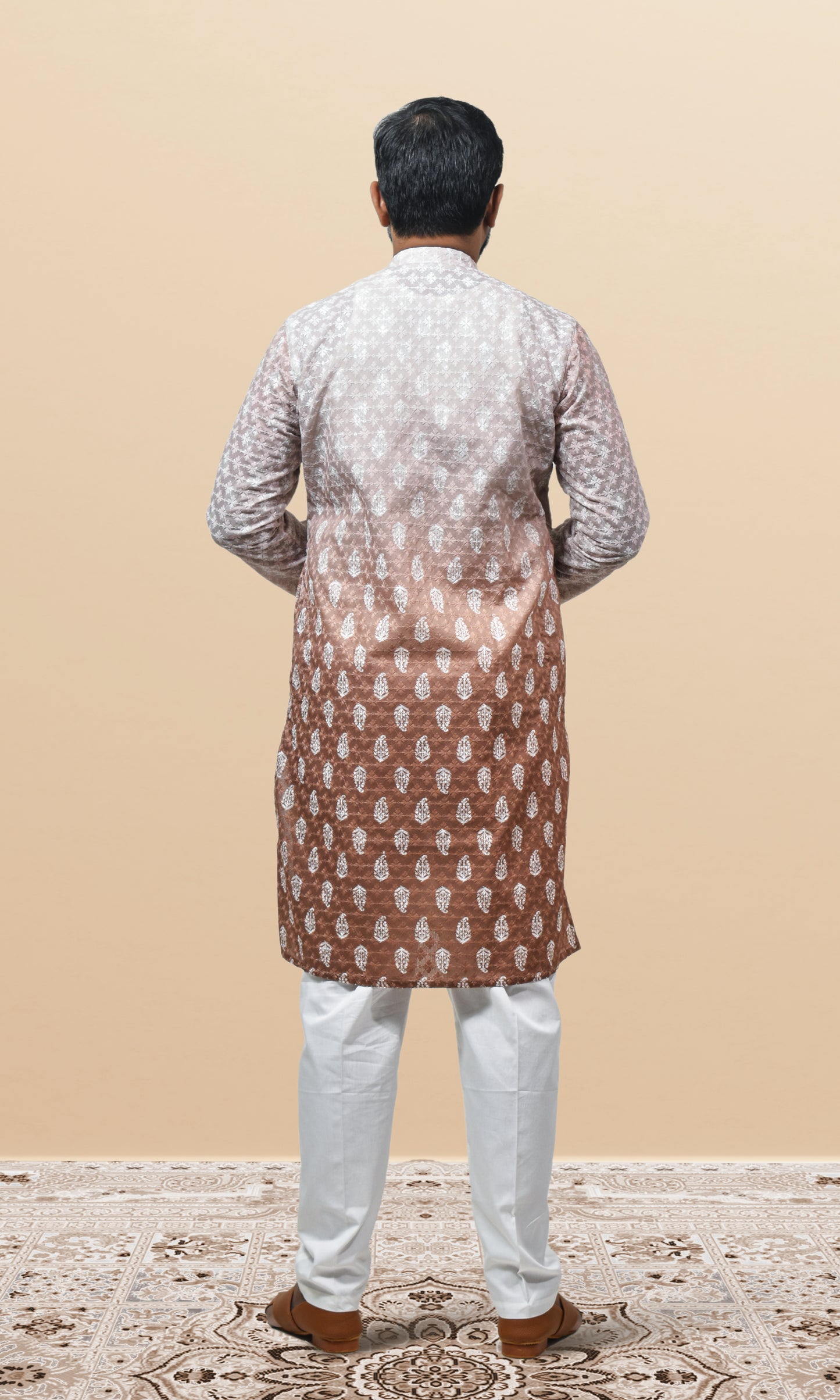 Ivory to Sand Stone Brown Ombre Kurta with Regal Threadwork