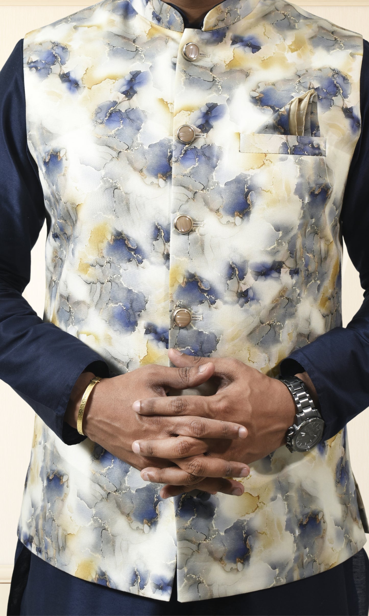 Celestial Ivory & Blue Marbled Jacket with Royal Gold Veins