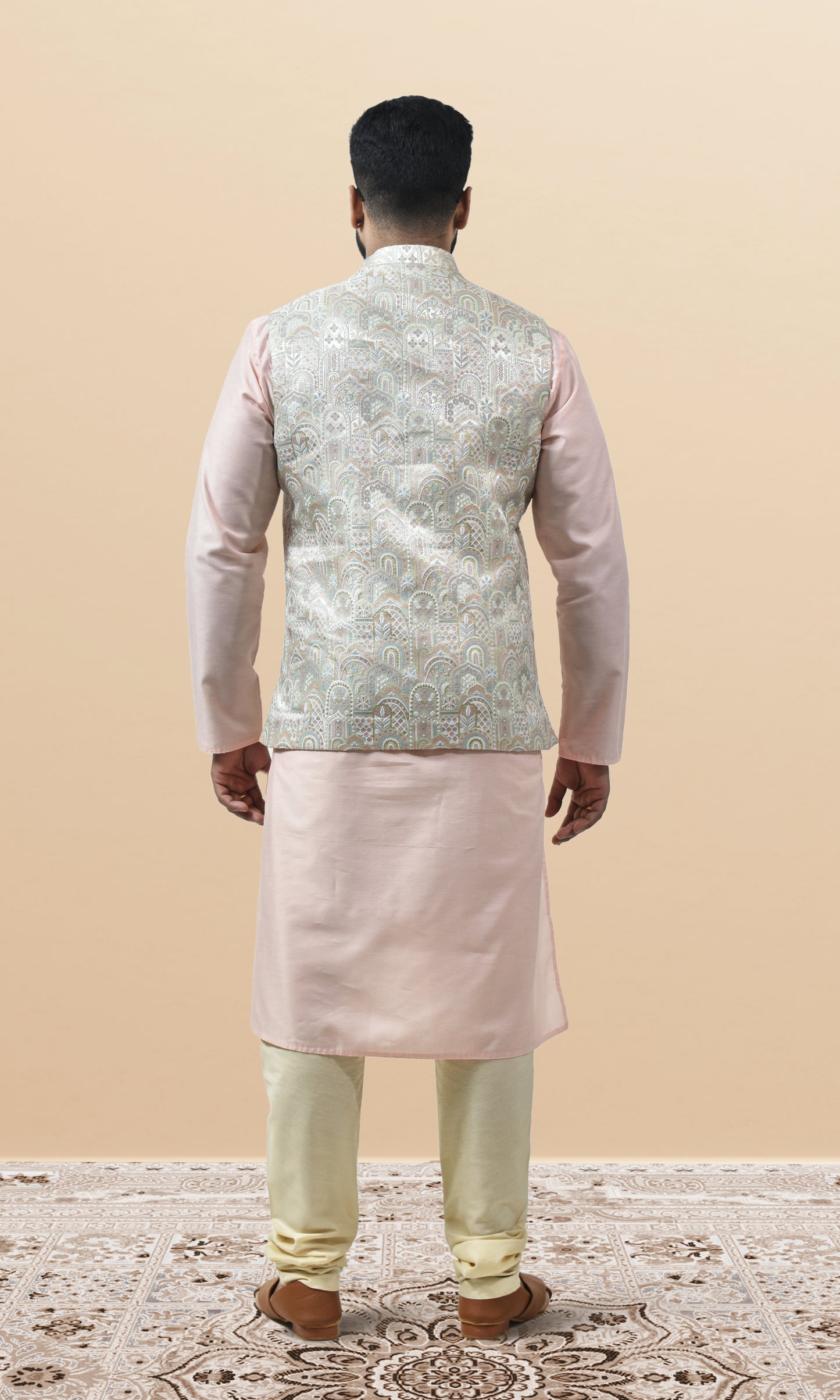 Blush-Tinted Ivory Jacket with Paisley Sequin Embroidery and Delicate Pastel Accents