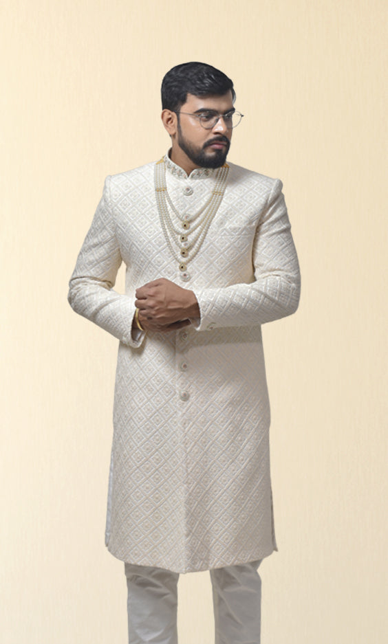 Ivory Diamond-Textured Sherwani with Embellished Buttons & Regal Pearl Accents