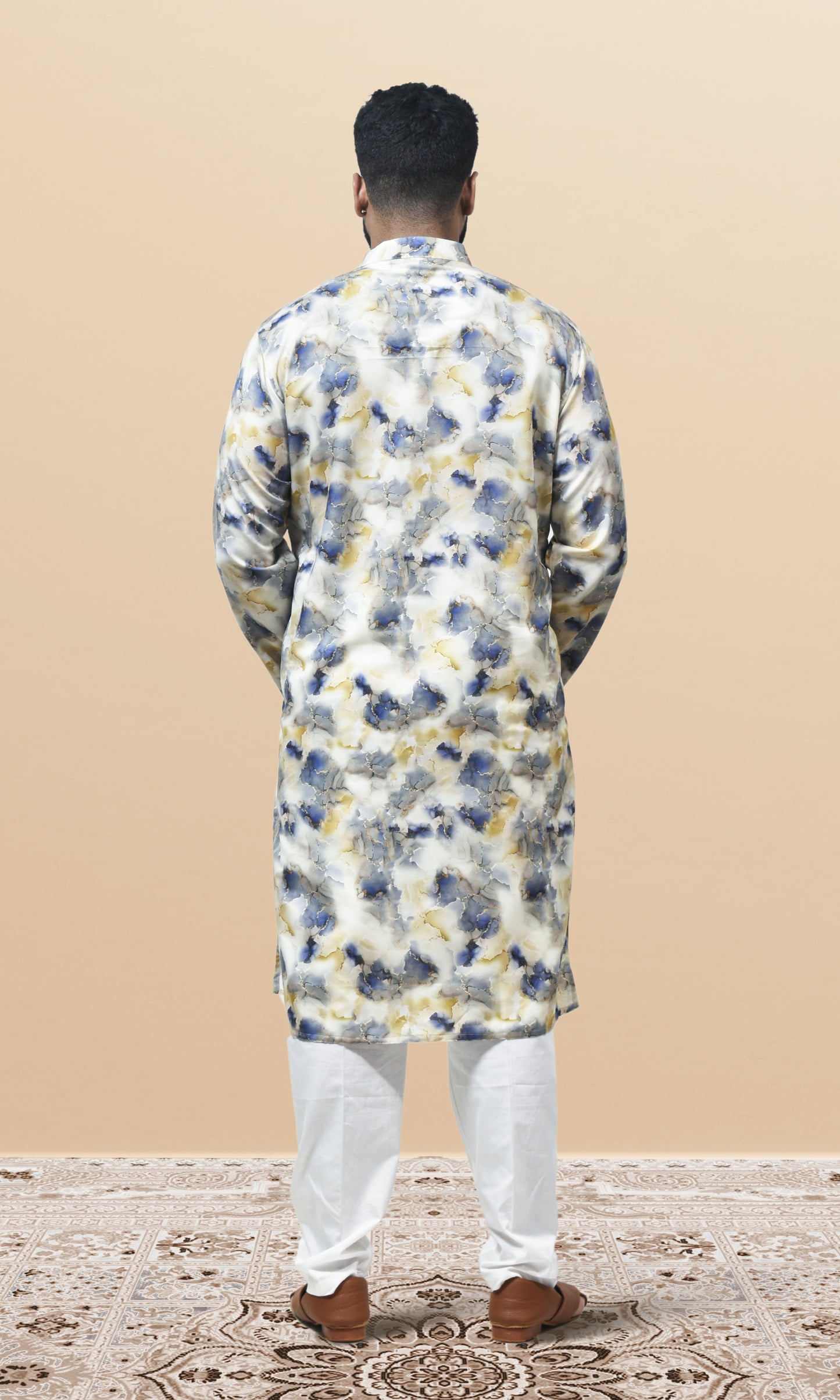 Celestial Ivory & Blue Marbled Kurta with Royal Gold Veins