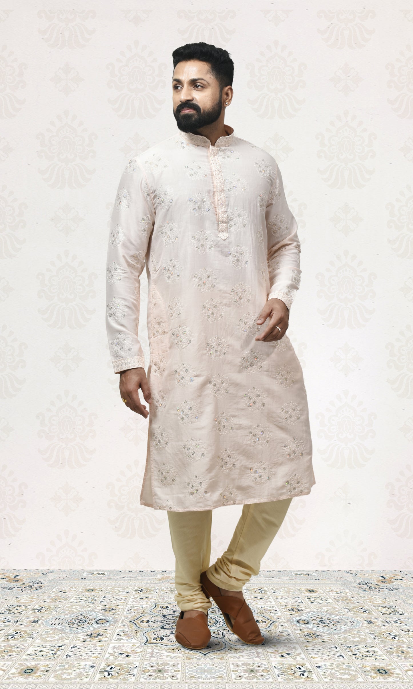 Powder Pink Blush Kurta with Delicate Crystal & Floral Embroidery