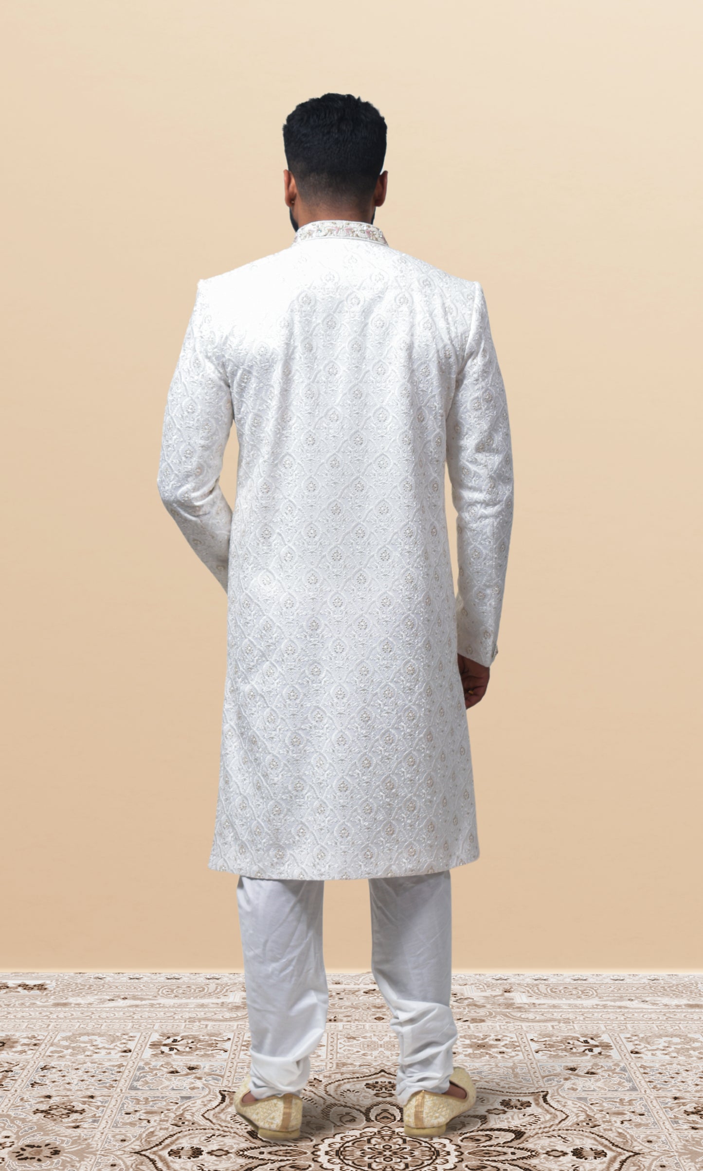 Celestial Ivory Tapestry Sherwani with Lustrous Pearl Encrustations & Ornate Filigree Collar