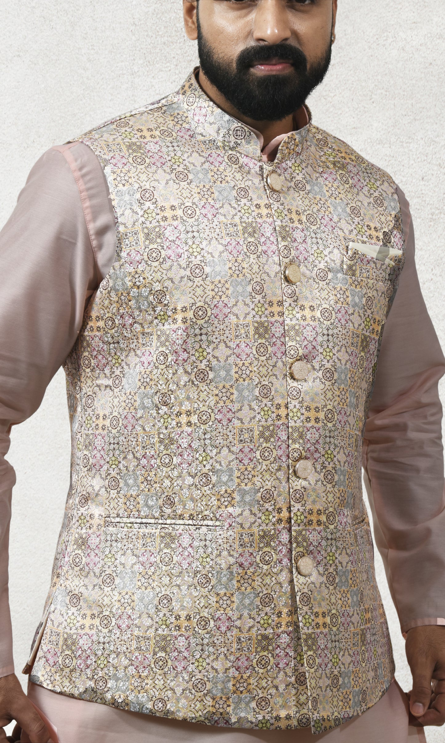 Prismatic Blush Gold Jacket with Enchanted Mosaic Sparkle & Iridescent Hues