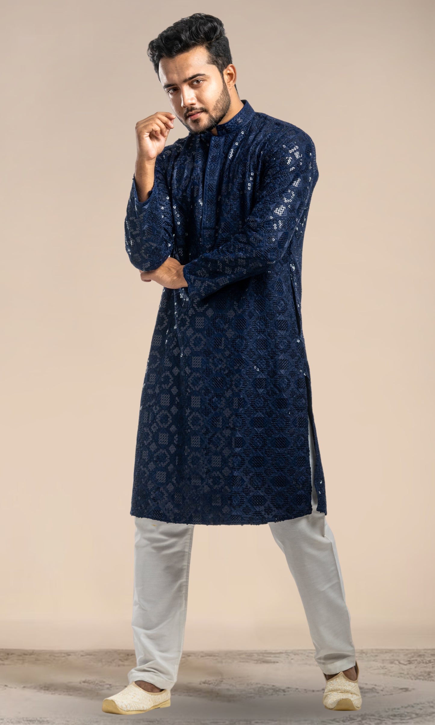 NAVY BLUE SEQUIN EMBELLISHED CHIKANKARI KURTA
