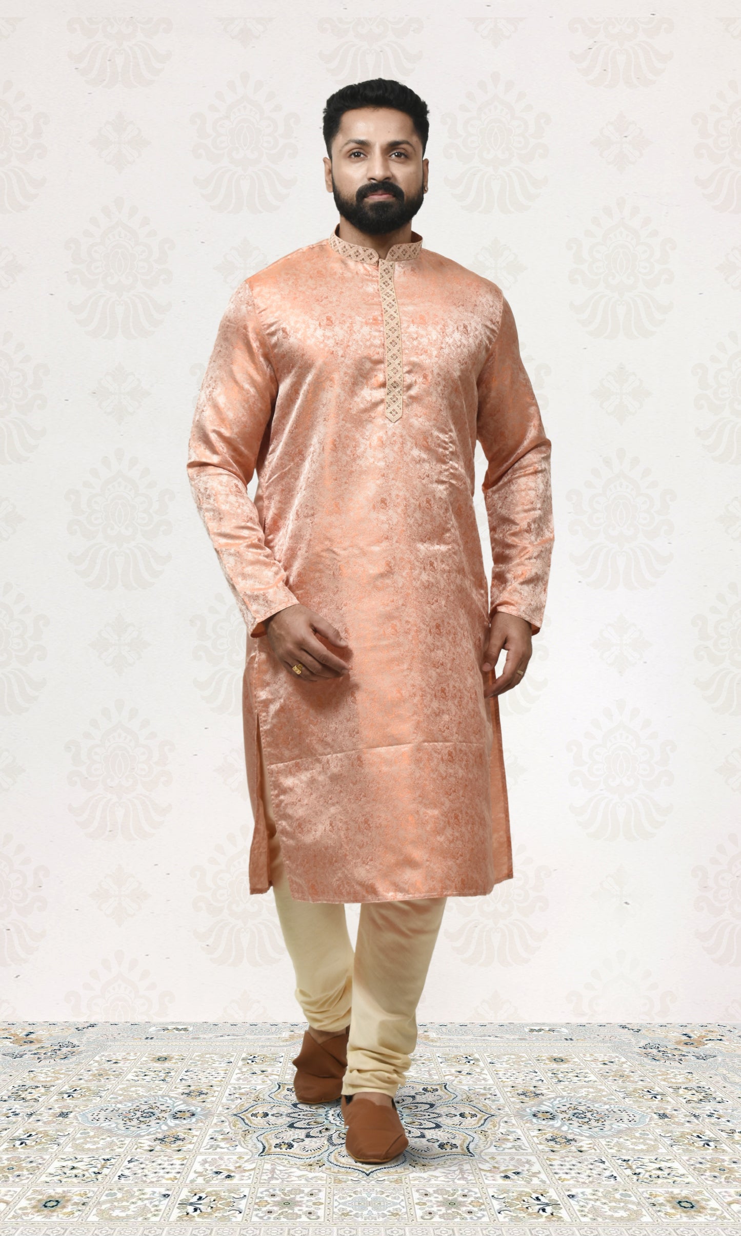 Silken Blush Orange Kurta with Royal Embossed Detailing