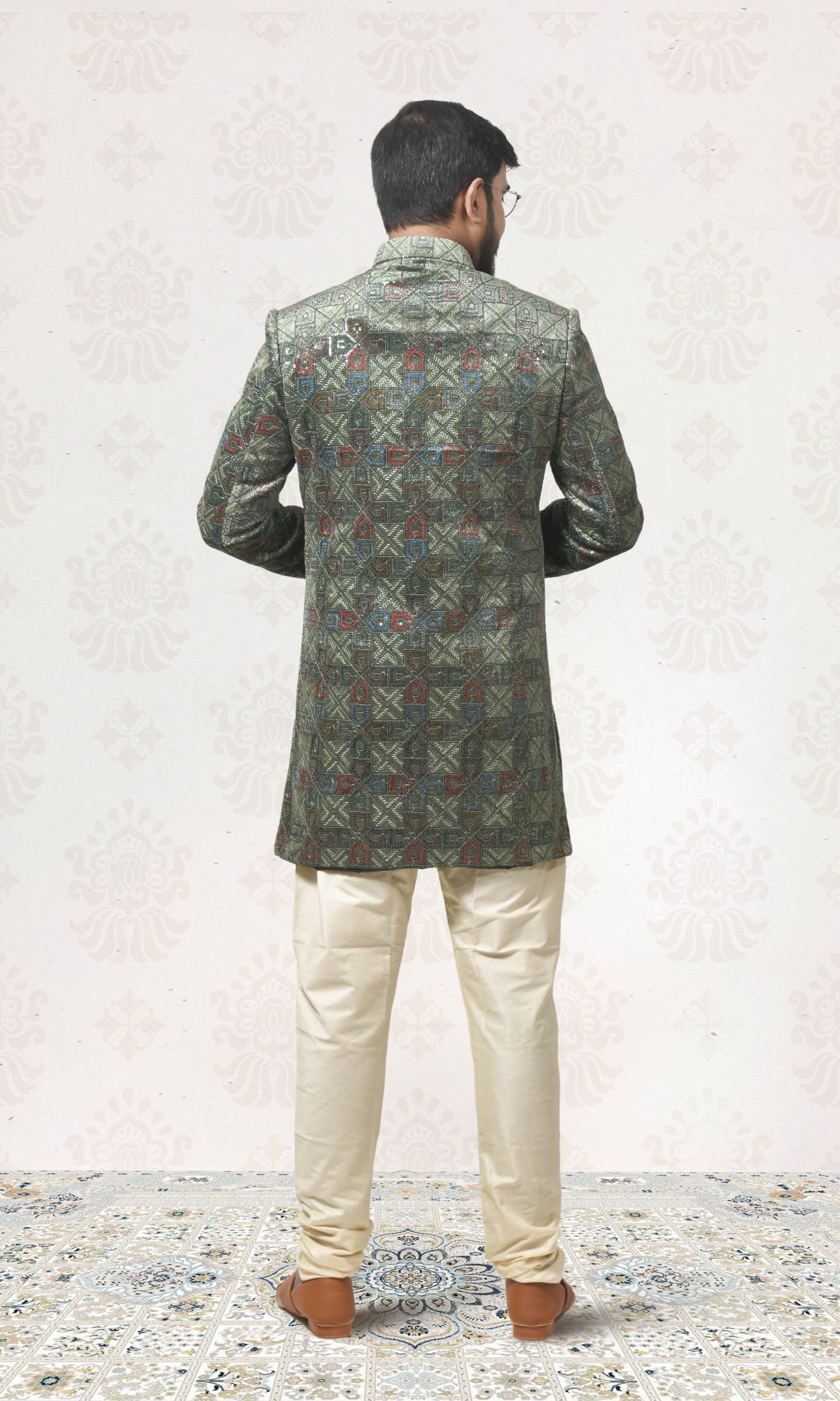 Emerald Green Enigma Indo-Western with Geometric Foliage Embroidery