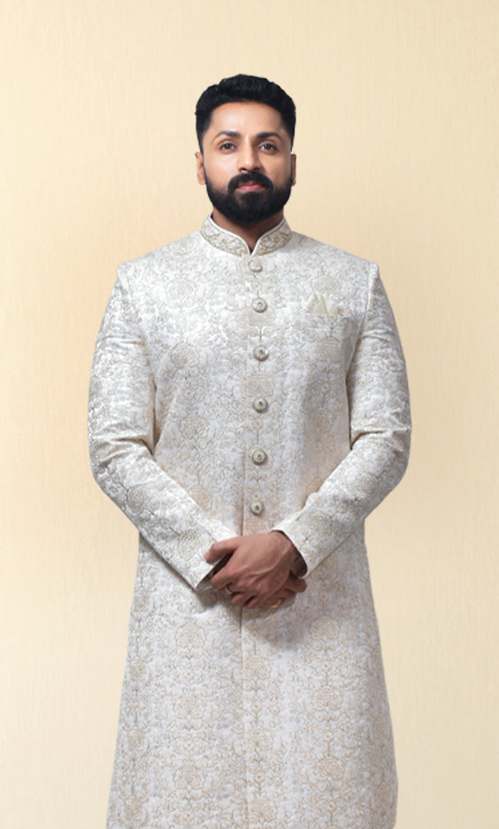 Champagne Cream Zari Embroidered Sherwani with Regal Threadwork & Jewel Buttons