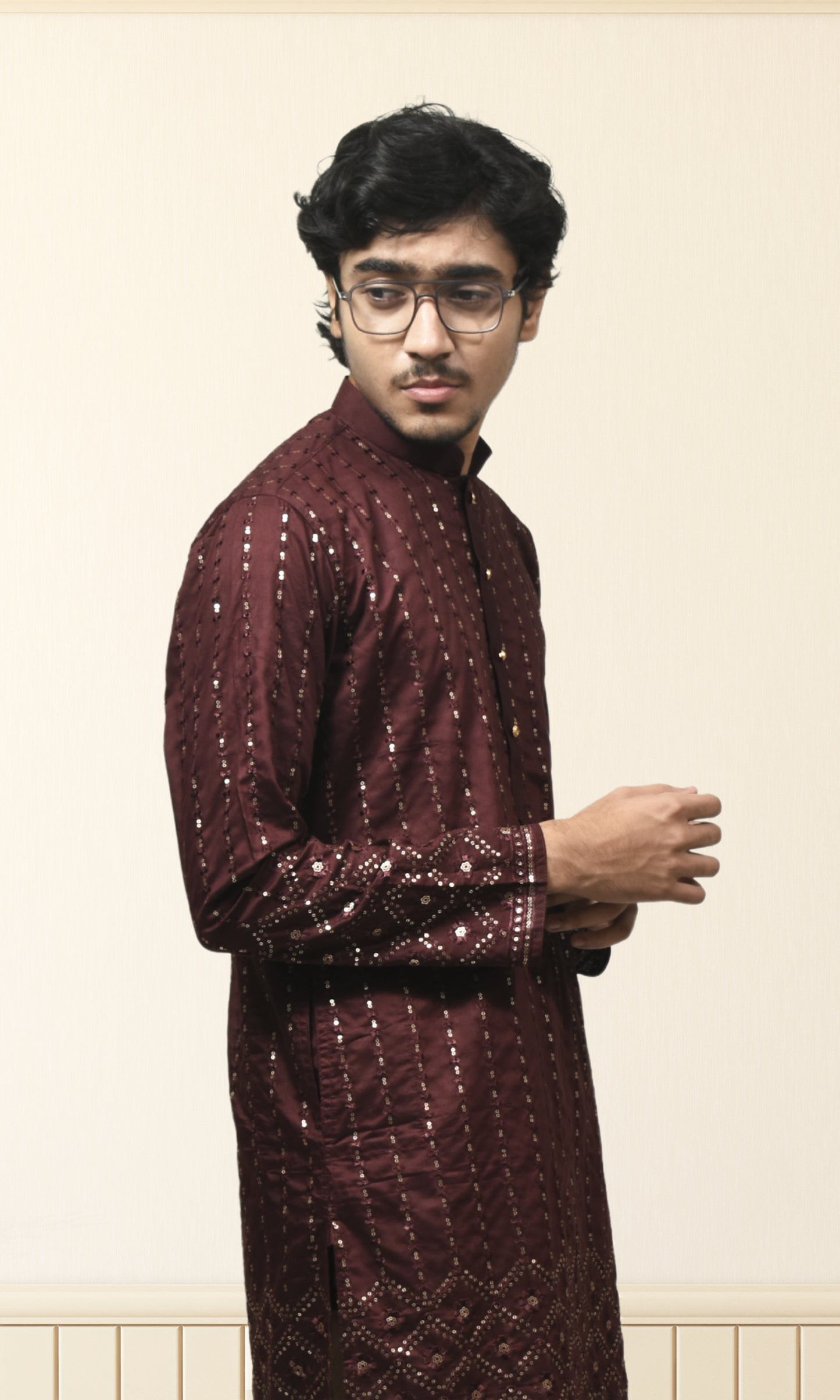 Mulberry Wine Kurta with Luminous Gold Embroidery