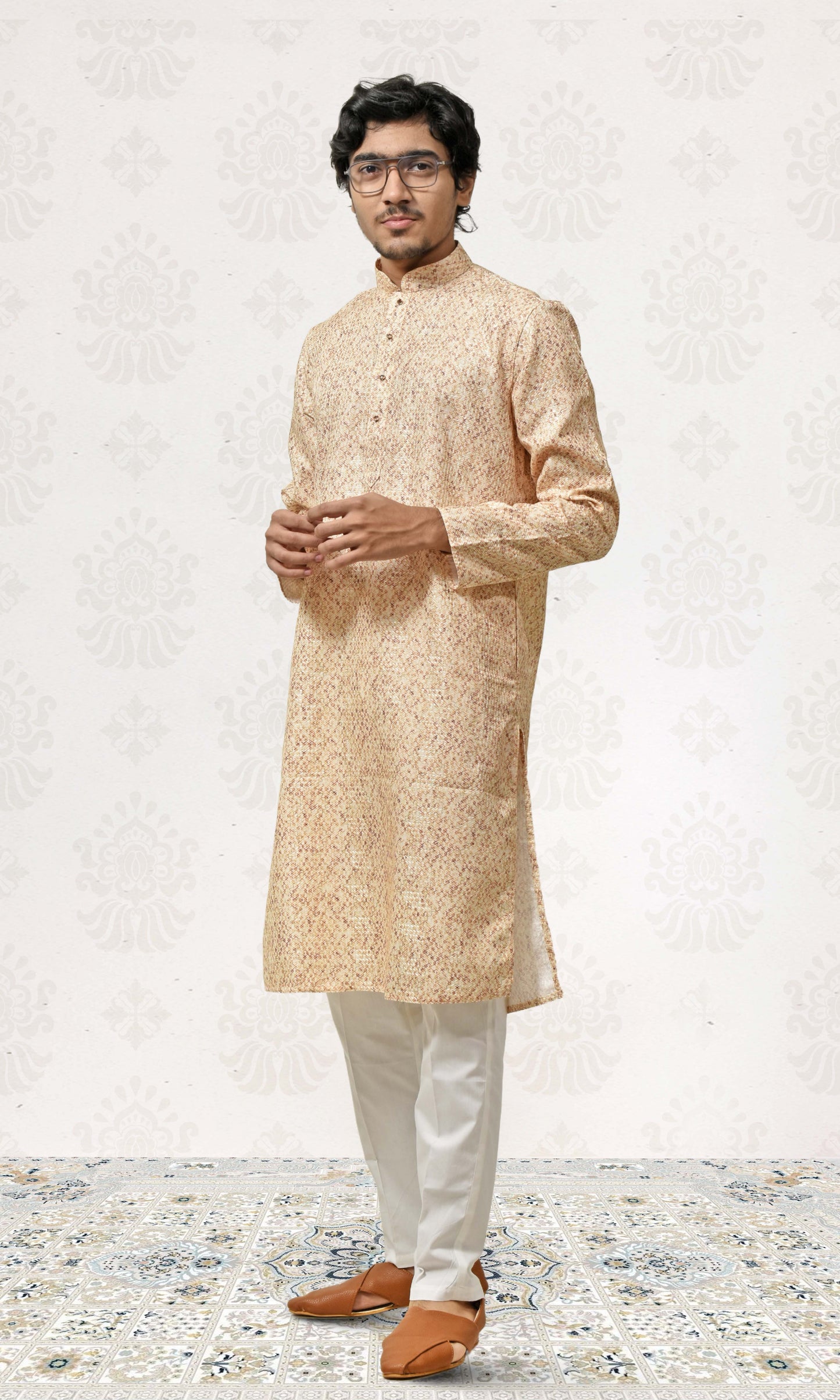 Earthy Ochre Kurta with Intricate Crosshatch Embroidery