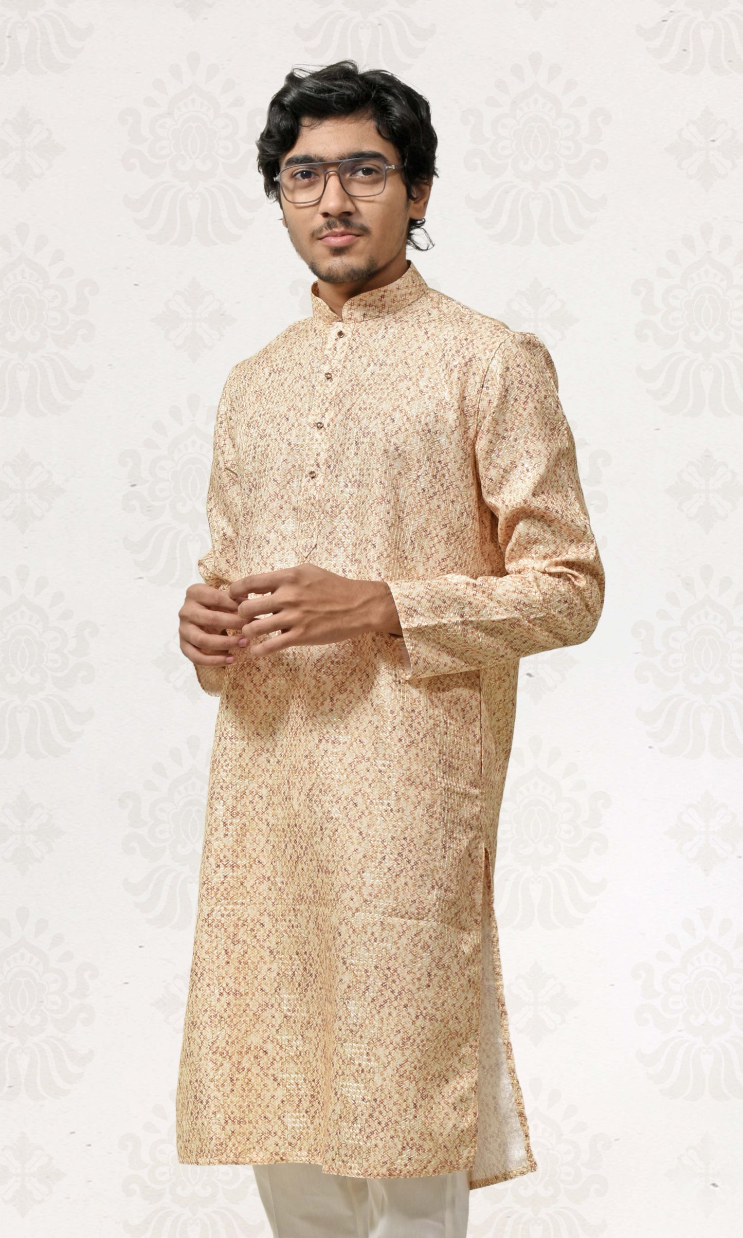 Earthy Ochre Kurta with Intricate Crosshatch Embroidery