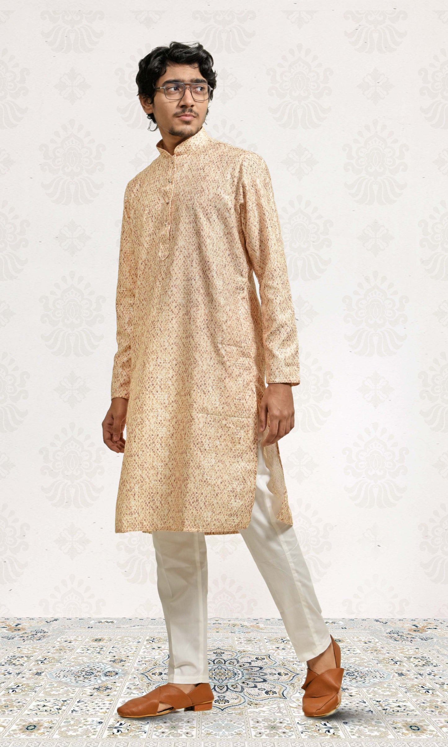 Earthy Ochre Kurta with Intricate Crosshatch Embroidery