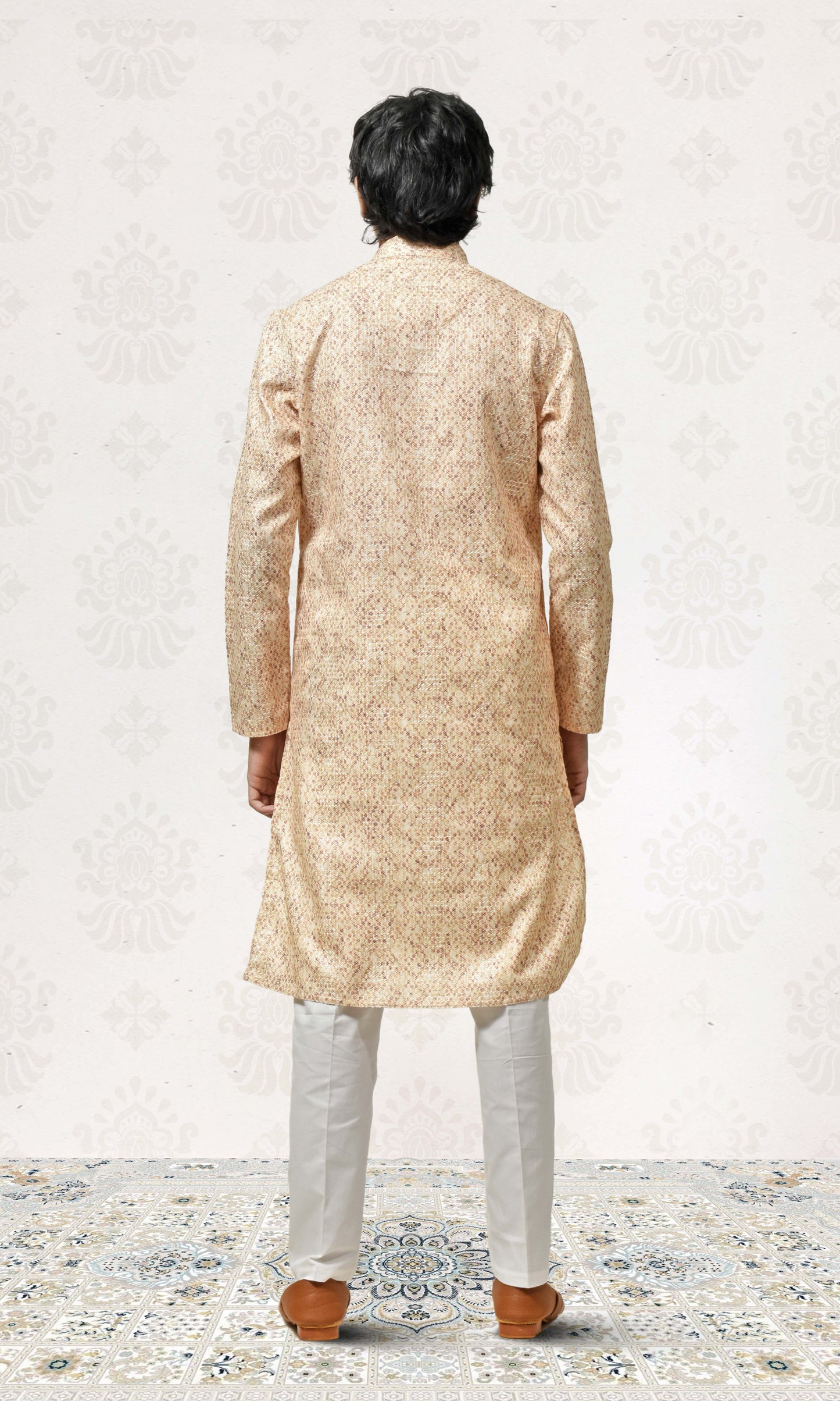Earthy Ochre Kurta with Intricate Crosshatch Embroidery