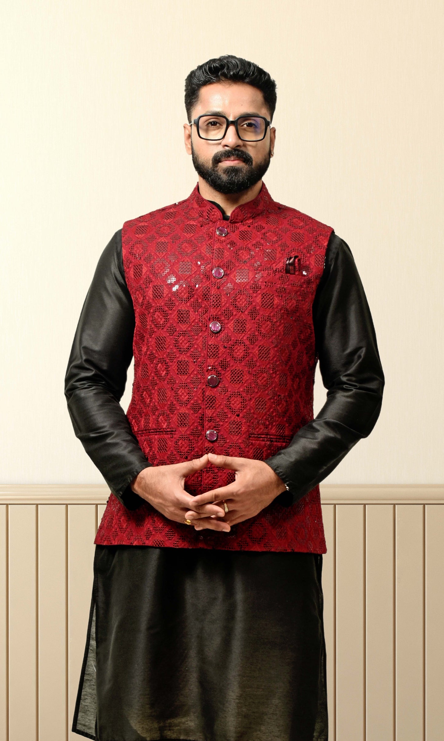 Maroon Obsidian Jacket with Noir Geometric Sequin Weave