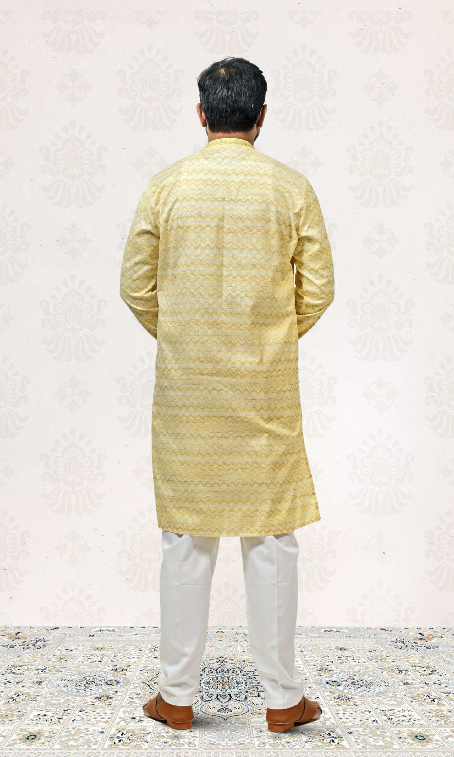 Pastel Mist Lemon Kurta with Embossed Zigzag Detailing