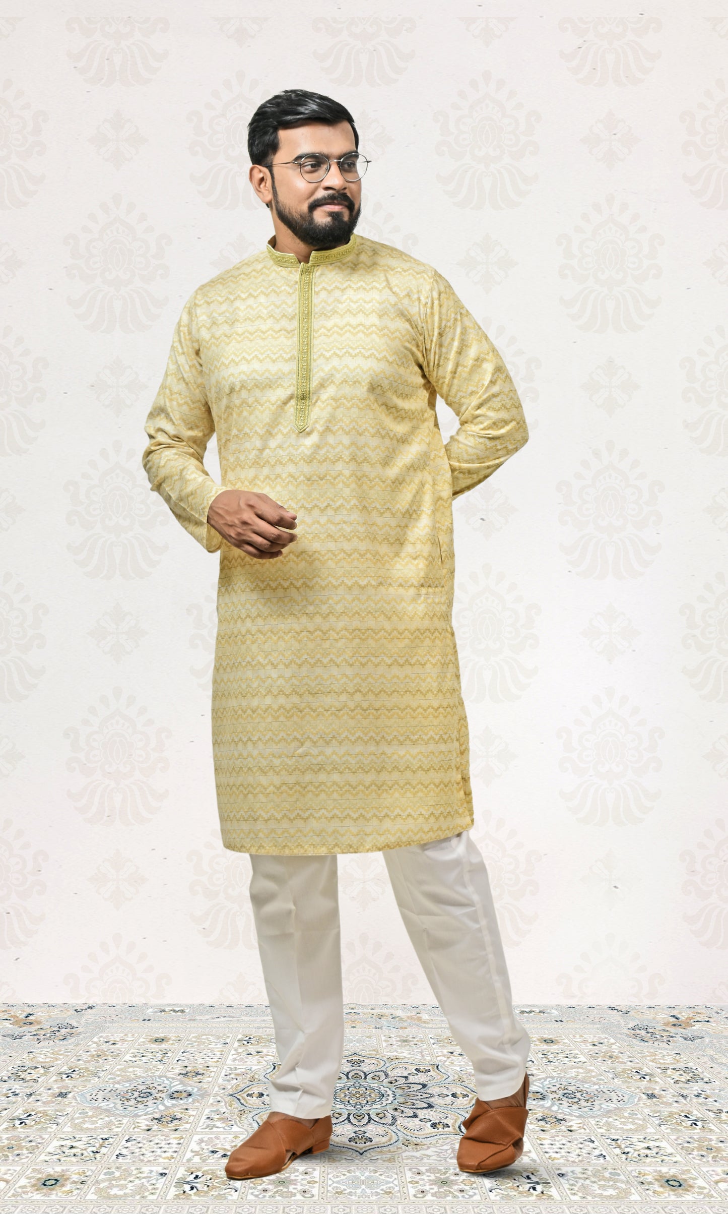 Pastel Mist Lemon Kurta with Embossed Zigzag Detailing