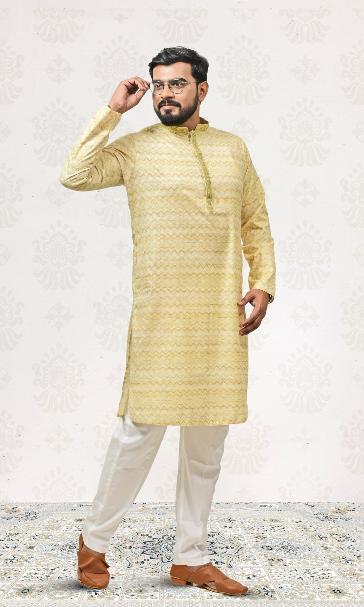 Pastel Mist Lemon Kurta with Embossed Zigzag Detailing